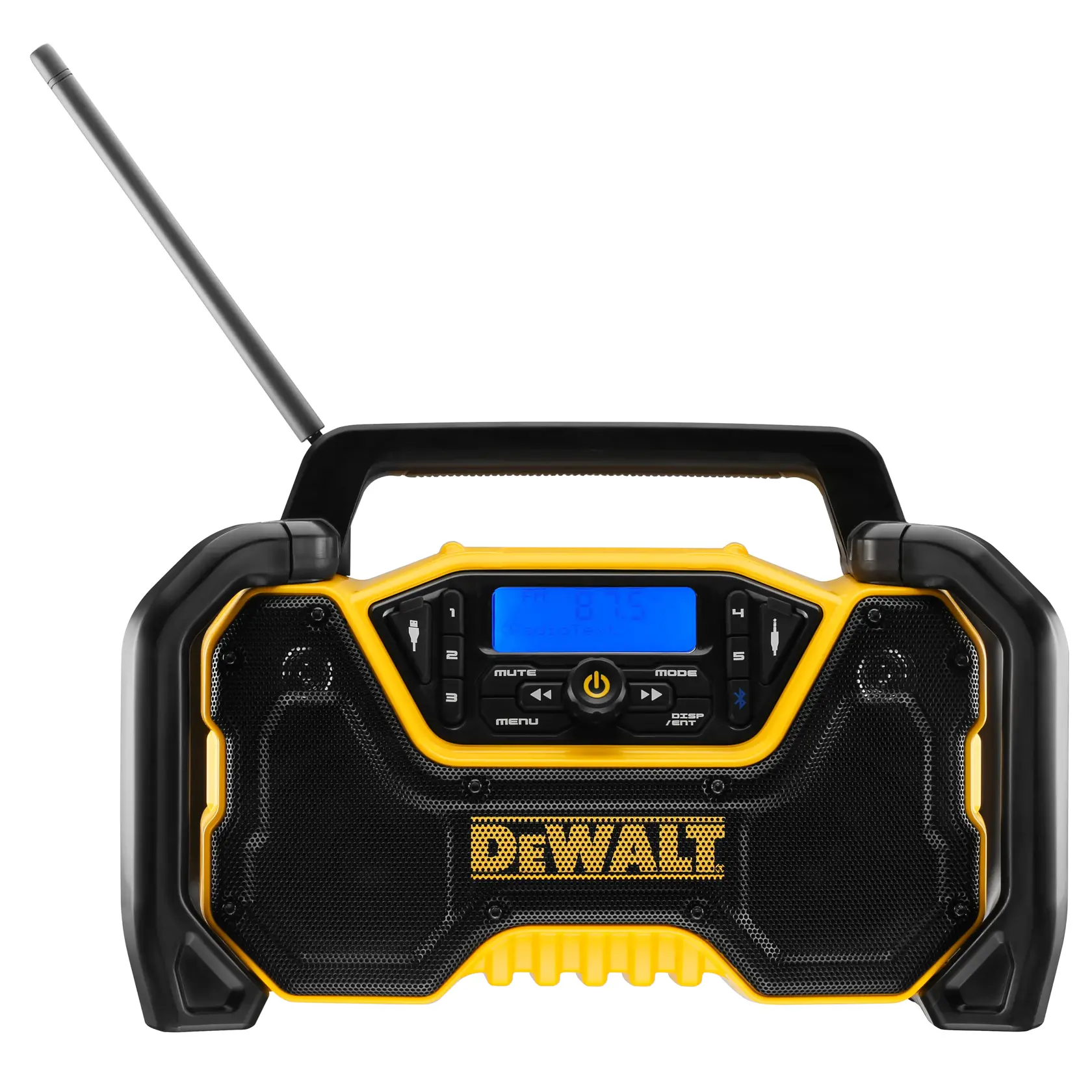 DEWALT radio and photography gear, SKUs DCR029 and DCZ1201P3-XE, with black and yellow design, front view.