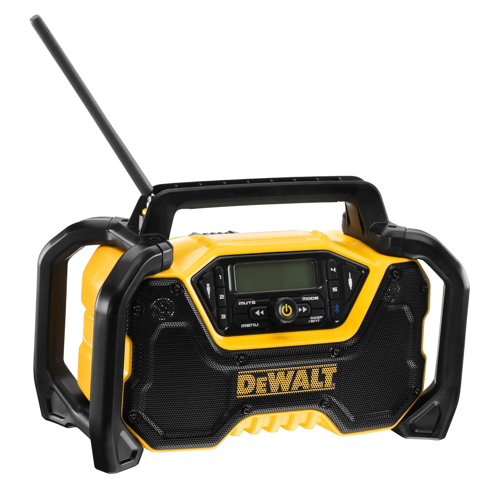 DEWALT portable radio DCR029 and DCZ1201P3-XE with rugged design, yellow and black, photography category.