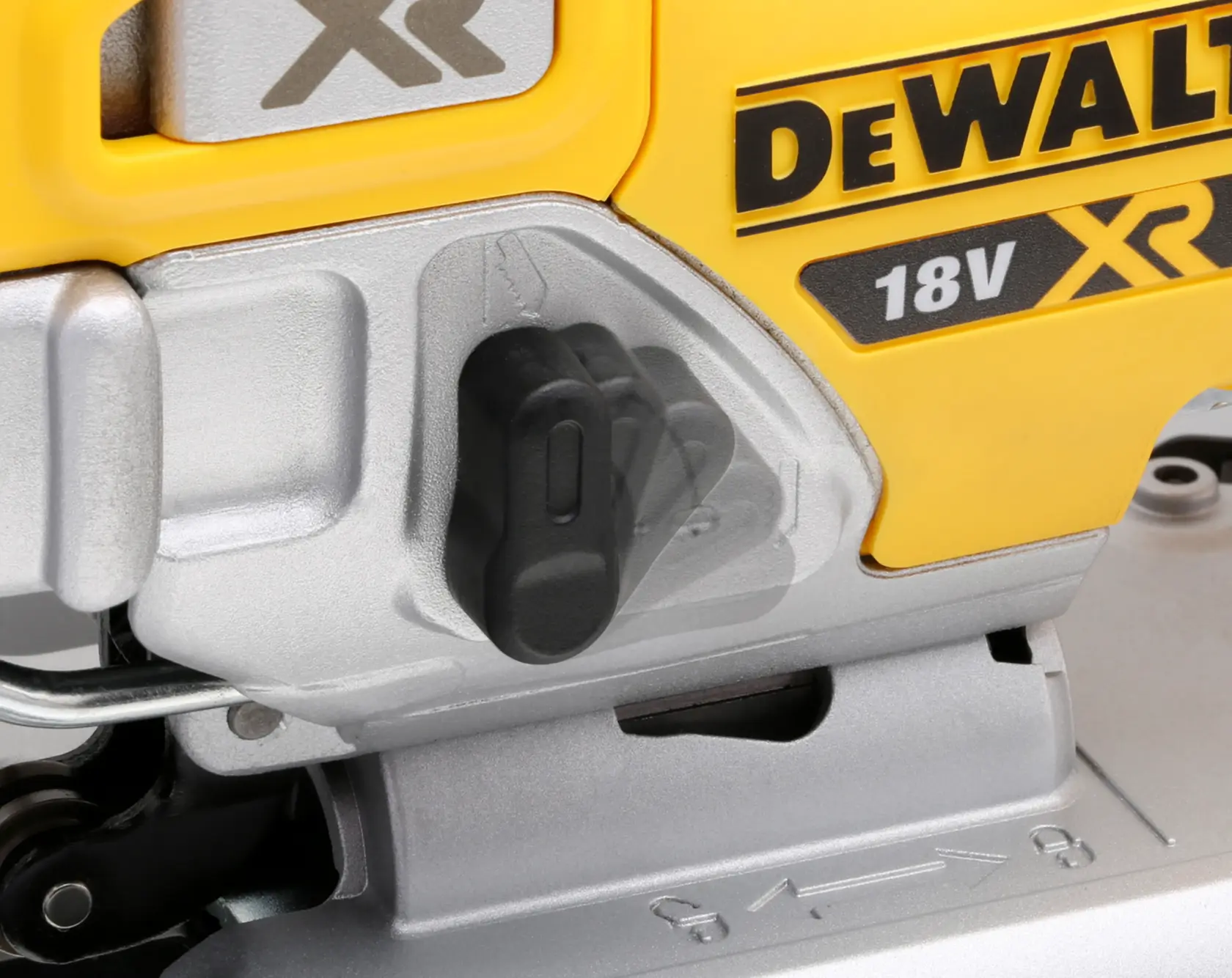 Close-up of DEWALT 18V XR power tool body showing detail of adjustment knob and brand logo.