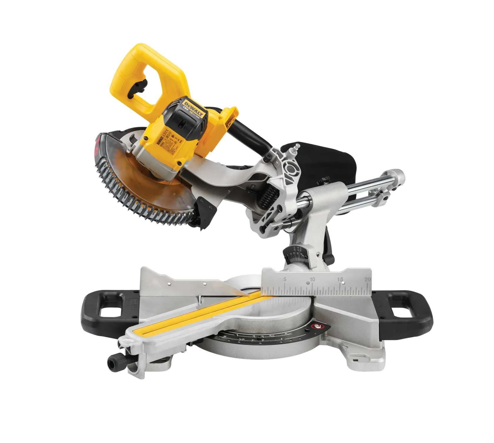 DEWALT DCS365N cordless mitre saw with yellow handle, blade guard and adjustable base for precise cutting.