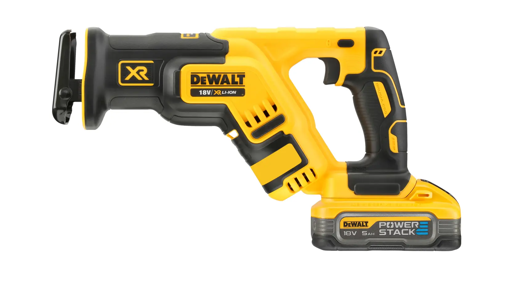 En DEWALT 18V XR Li-Ion batteridrevet bajonettsag med POWERSTACK-batteri, vist mot hvit bakgrunn.