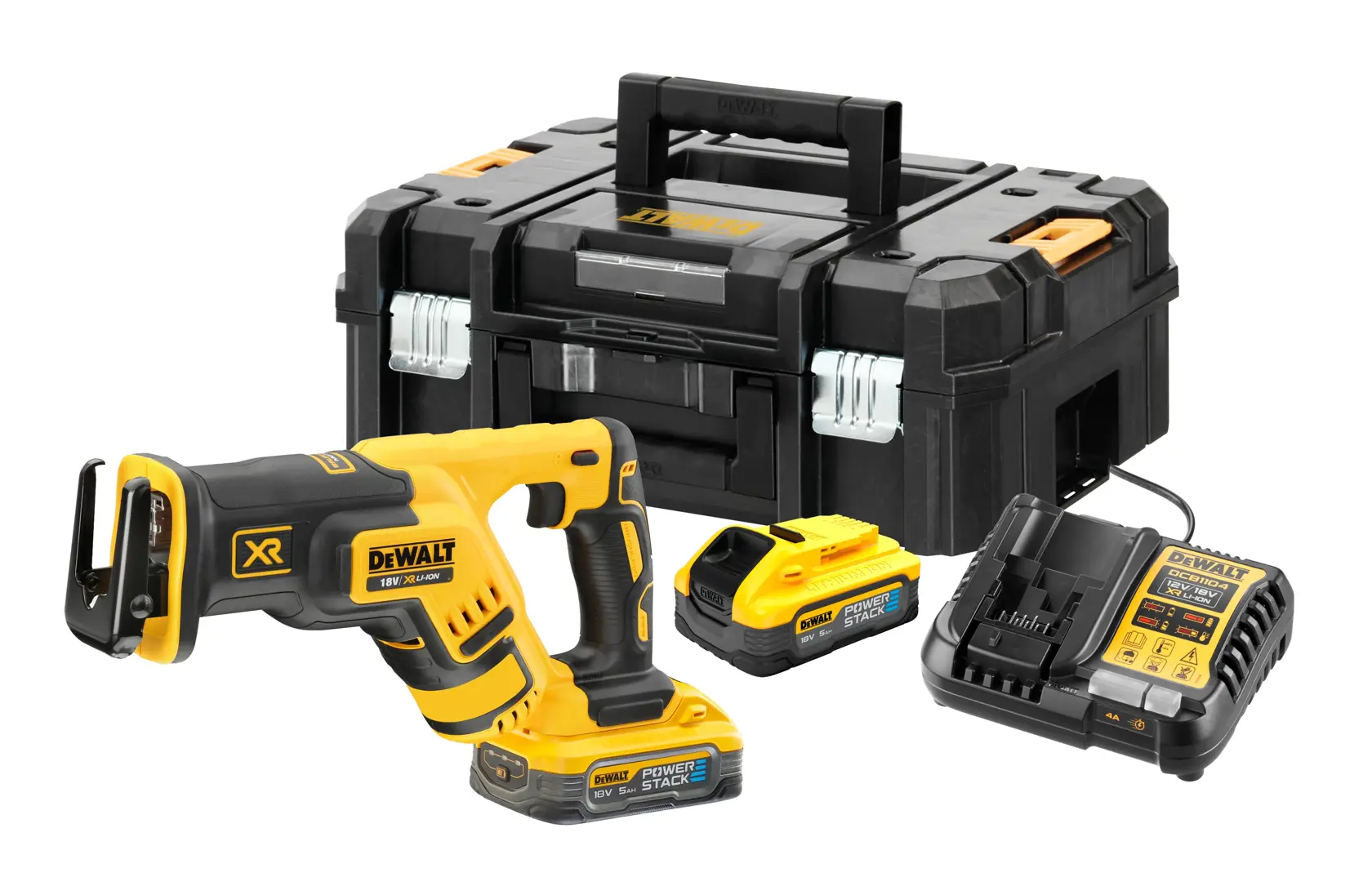 DEWALT DCS367H2T sett med trådløs bajonettsag, inkludert gul og svart sag, to POWERSTACK 18V batterier, batterilader og en solid svart transportkoffert med håndtak.