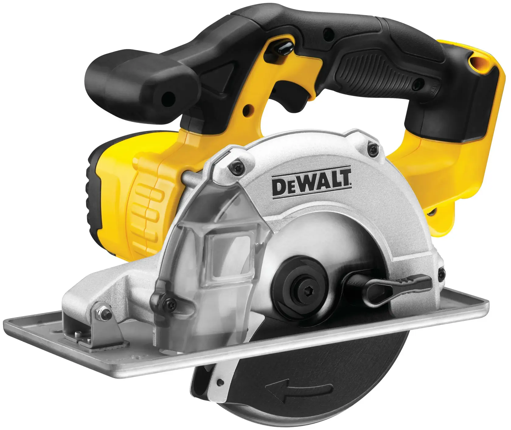 Cordless DEWALT circular saw with yellow and black handle, metal blade guard, and visible cutting blade.