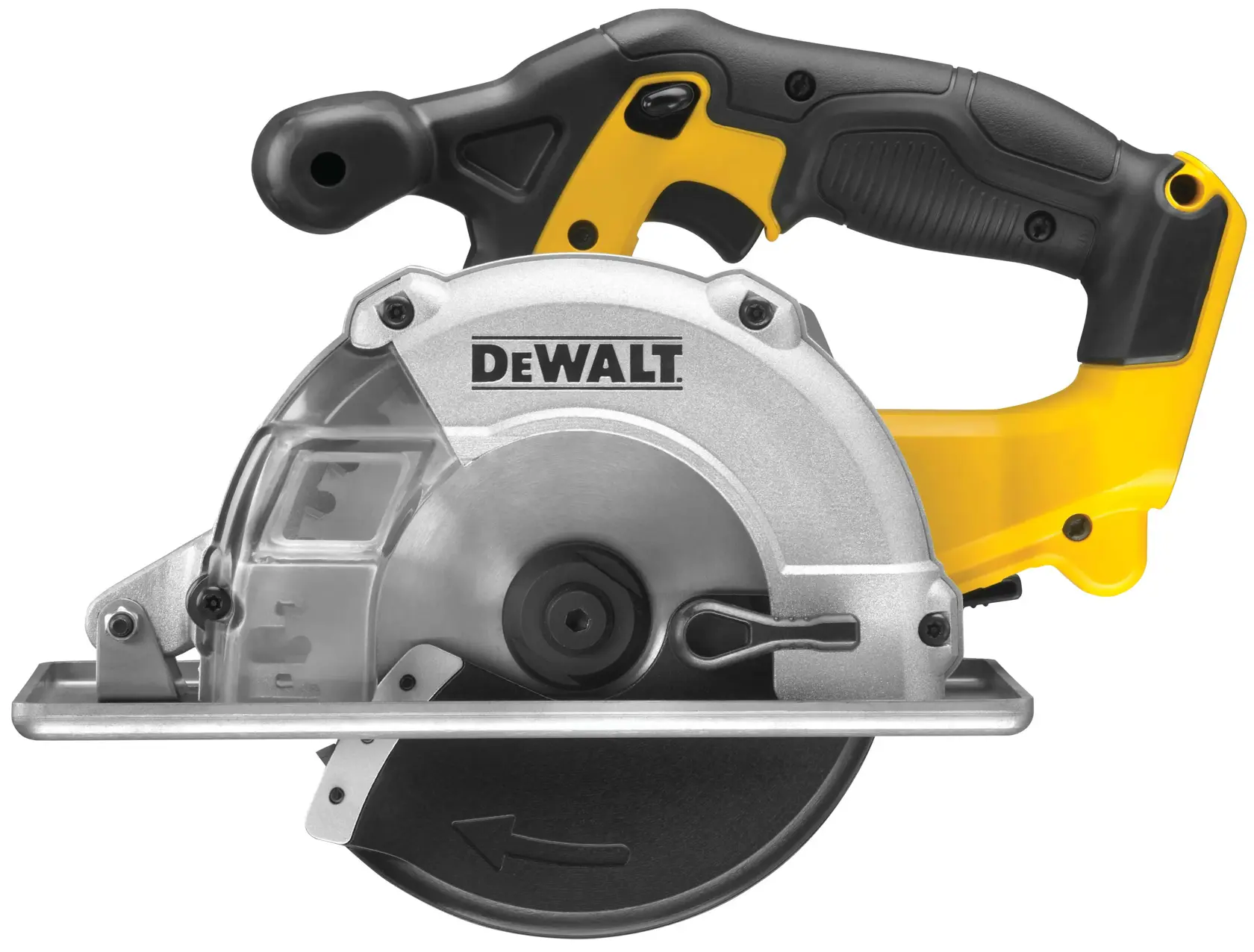 DEWALT DCS373N cordless metal cutting saw with black and yellow handle and silver blade guard.