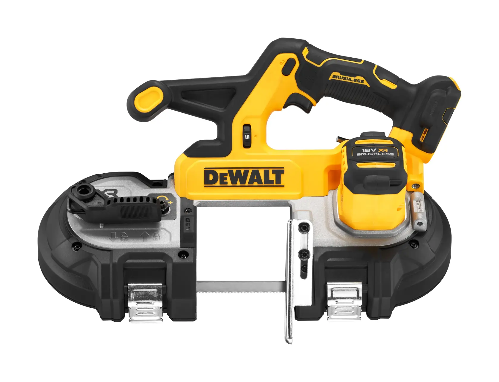DEWALT cordless band saw with black and yellow design and visible 18V battery.