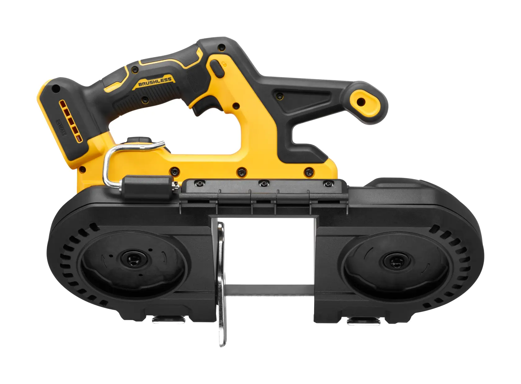 DEWALT cordless brushless band saw, black and yellow, for cutting metal or wood, product shown from the side.