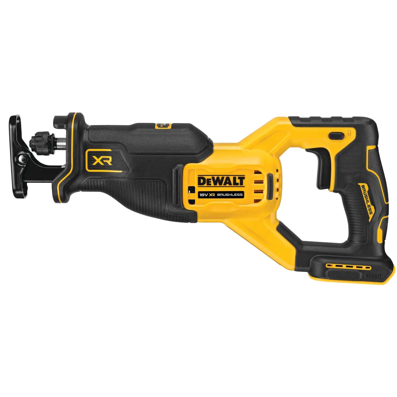 DEWALT reciprocating saw, photography category, SKUs DCS382N and DCS382N-XJ, yellow and black.