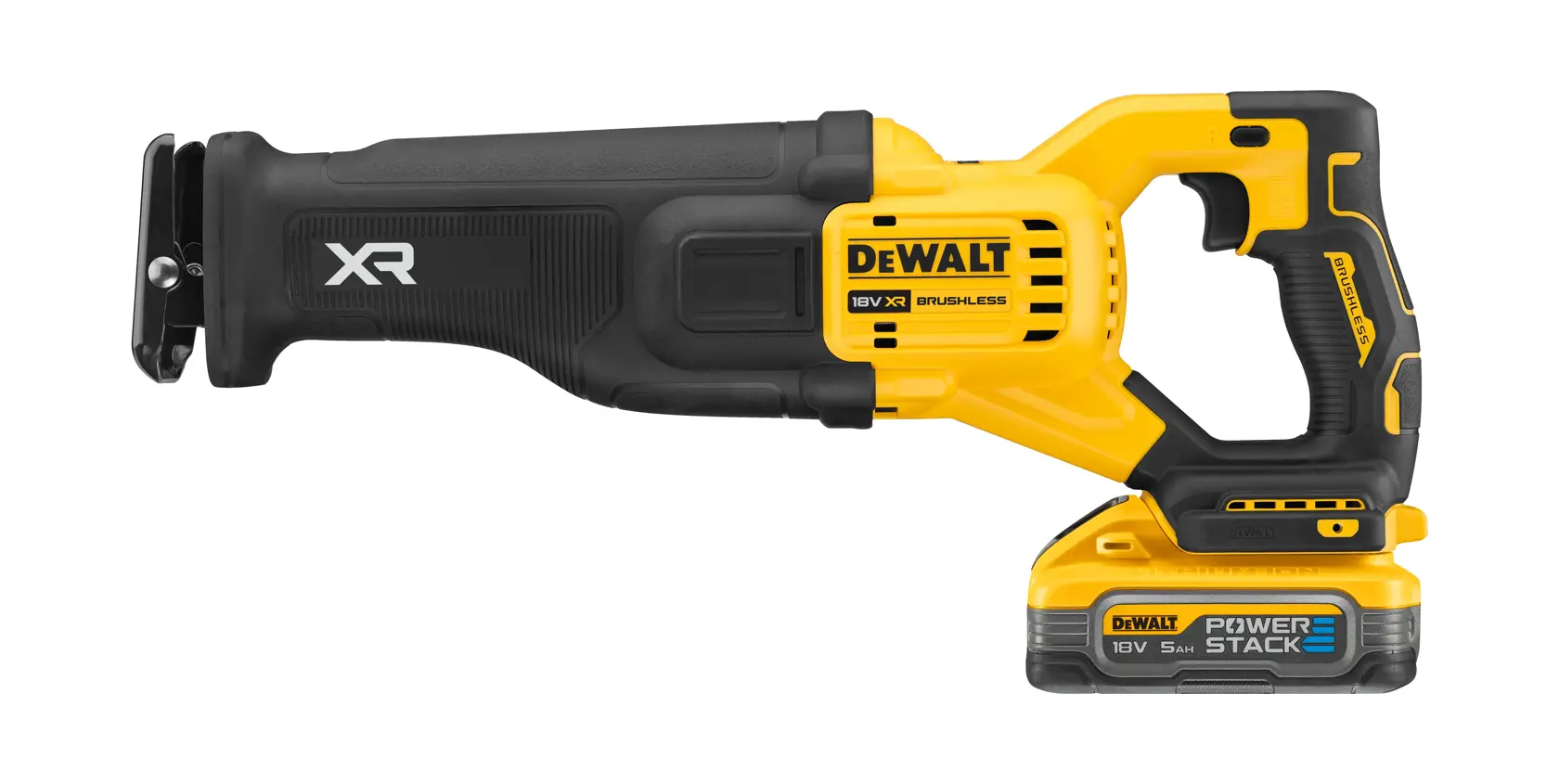 En DEWALT XR 18V batteridrevet bajonettsag med børsteløs motor, vist med et POWERSTACK-batteri. Verktøyet har ergonomisk svart og gult design.