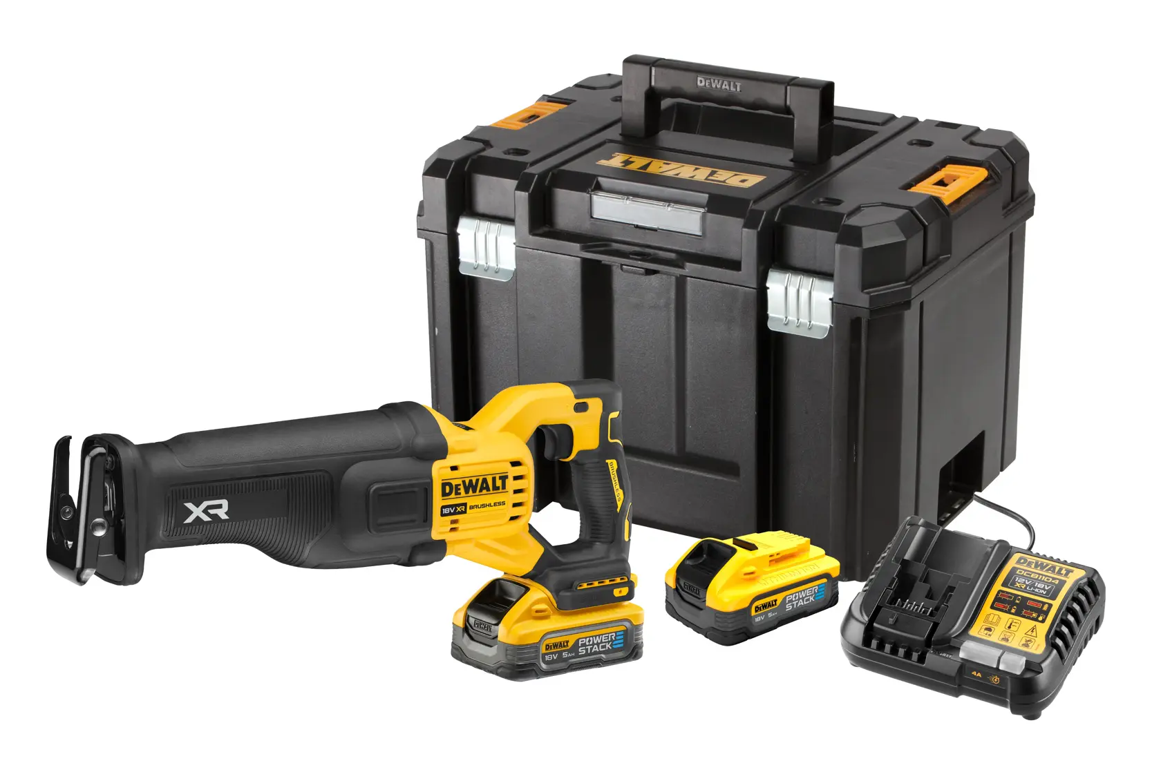 DEWALT batteridrevet bajonettsag-sett, inkludert en gul og svart sag, to batteripakker, en lader og en solid koffert.