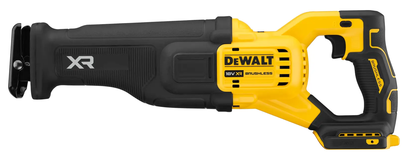 DEWALT 18V XR cordless reciprocating saw with brushless motor, yellow and black body, side profile.