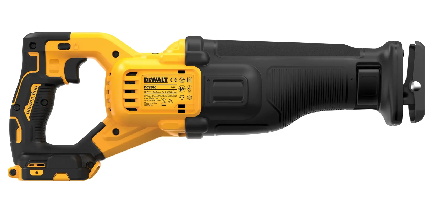 DEWALT DCS386NT cordless reciprocating saw with yellow and black design, shown from the side.
