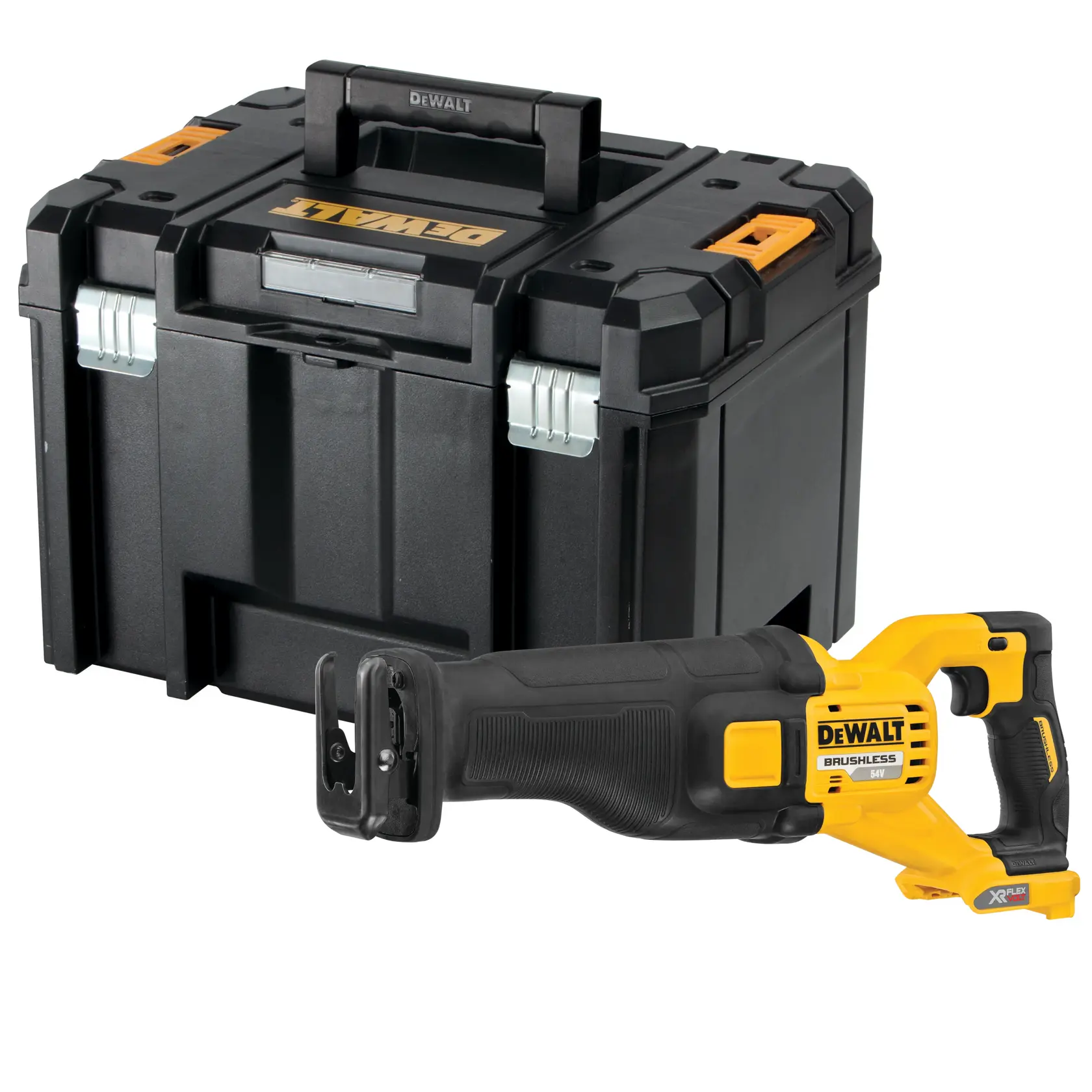 DEWALT cordless reciprocating saw and black storage case shown side by side.