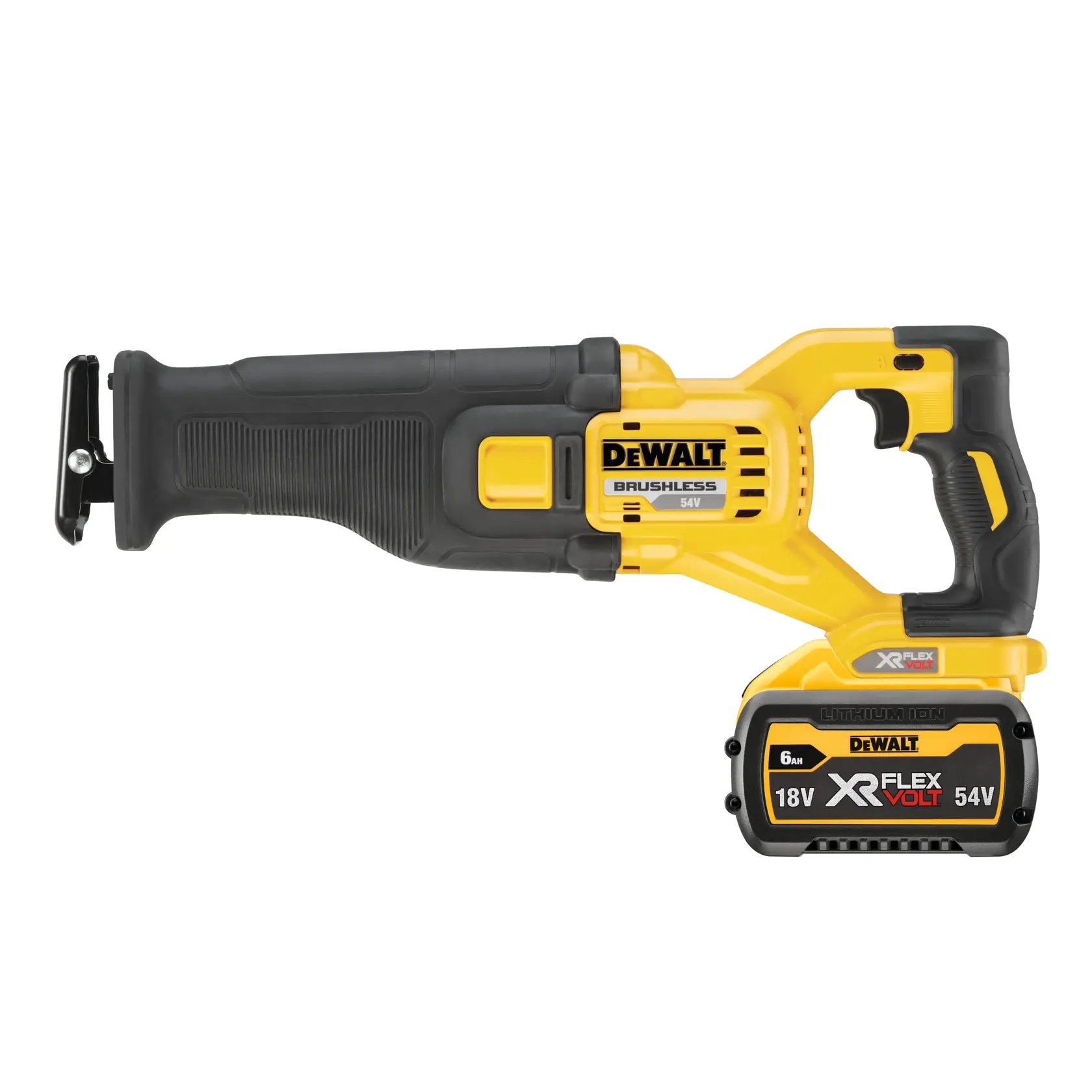 Dewalt cordless reciprocating saw with brushless motor and XR Flexvolt 18V/54V battery.