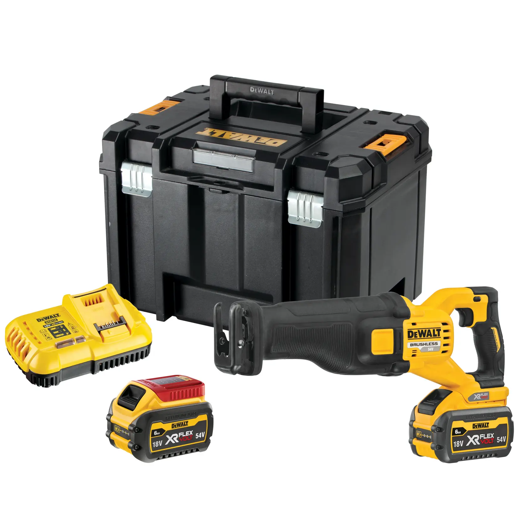 DEWALT cordless reciprocating saw kit with charger, two batteries, and a black carrying case.