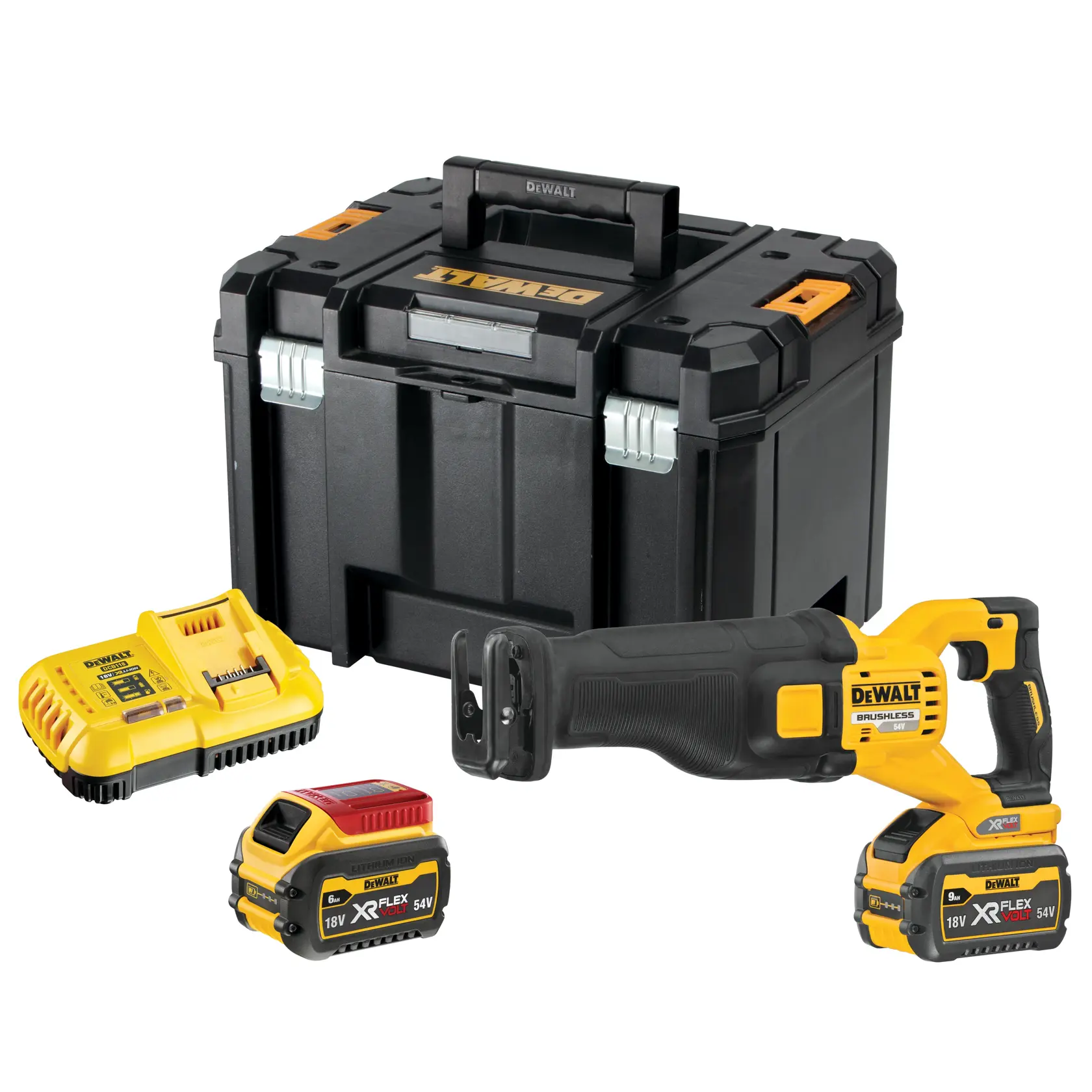 DEWALT reciprocating saw kit with tool box, charger, and two XR FlexVolt batteries displayed on white.