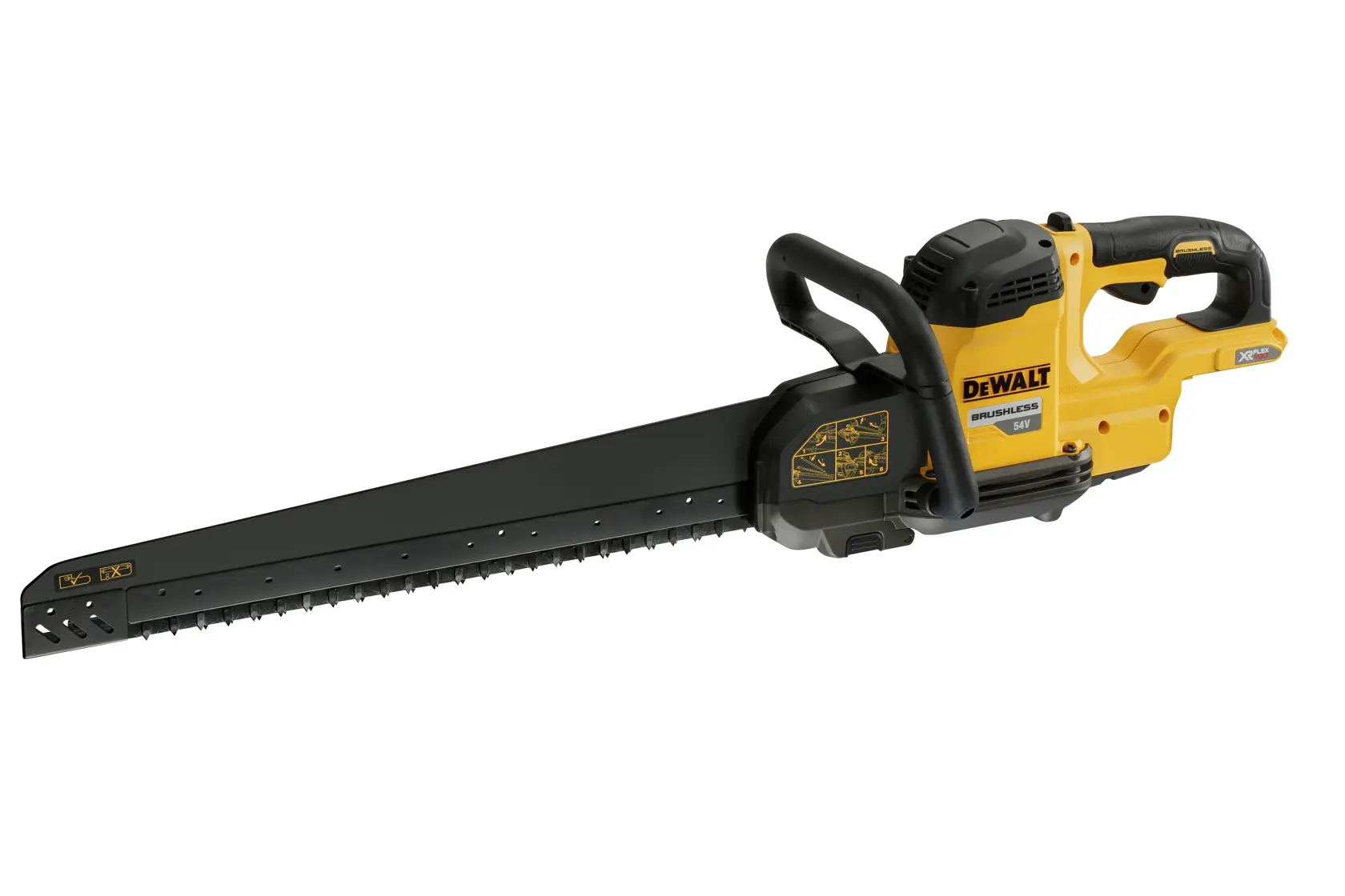 DEWALT yellow cordless brushless saw DCS397N with long blade, ergonomic handle, and robust design.