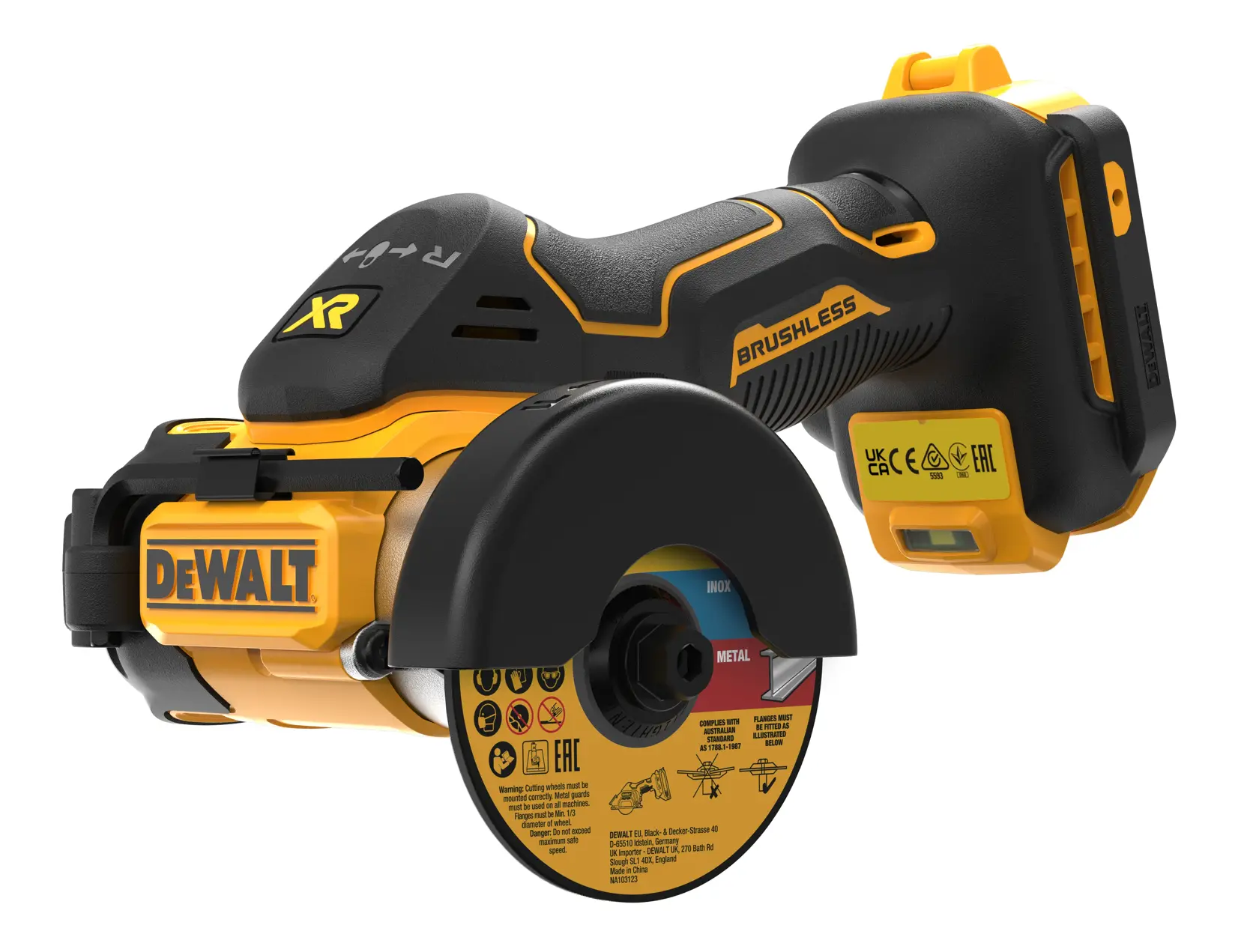 DEWALT DCS438N trådløs børsteløs avkappverktøy med beskyttelsesdeksel og DEWALT-logo, vist med en metallkappeskive.