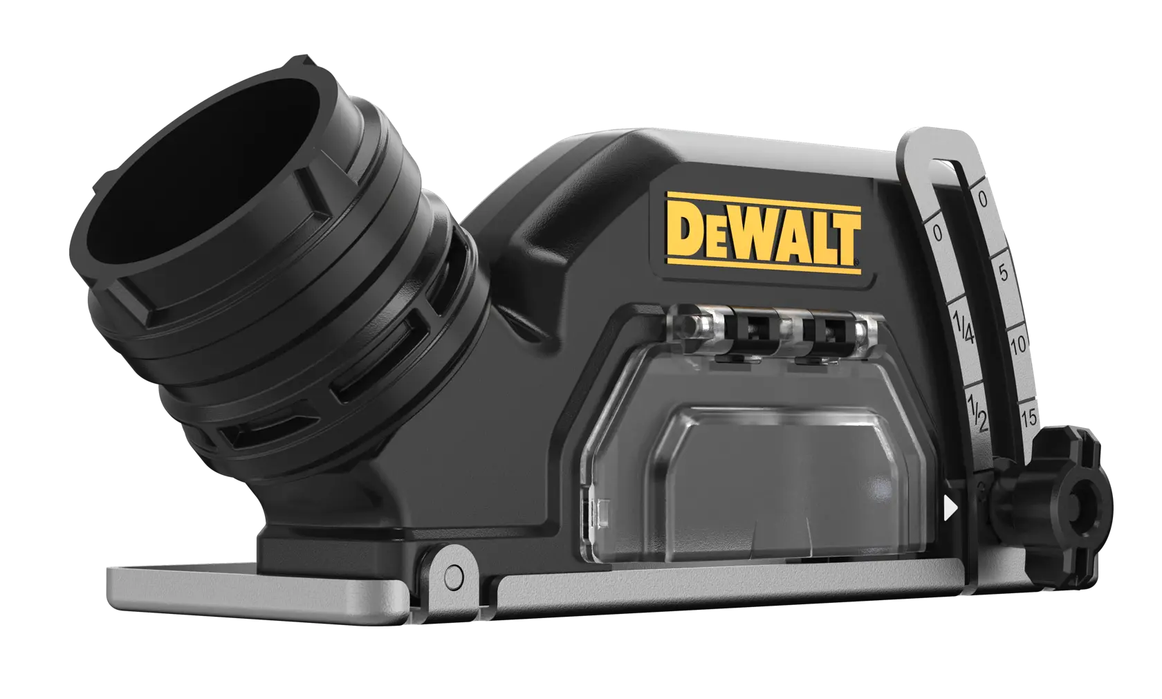 Et nærbilde av et DEWALT elektrisk verktøytilbehør, spesifikt et støvavsugingsadapter med svart og gjennomsiktig design, måleskala og kobling.