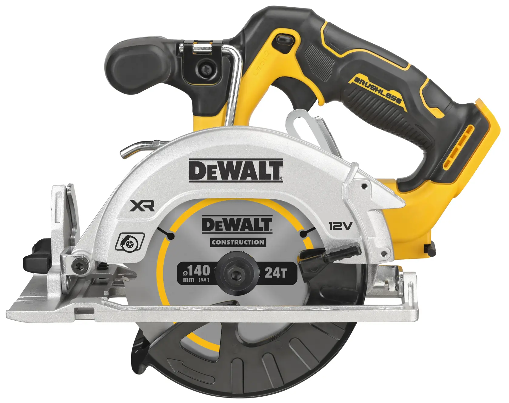 DEWALT 12V cordless circular saw with yellow and black handle and silver blade guard.