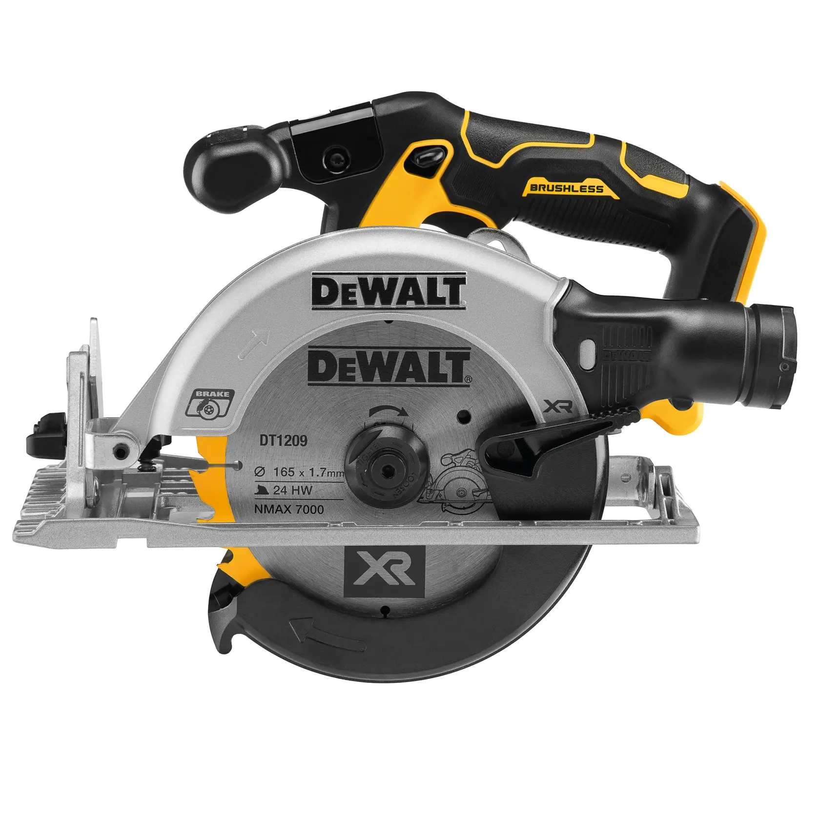 DEWALT circular saw for photography, SKUs DCS565NT-XJ, DCS565NT, black-yellow handle, side view.