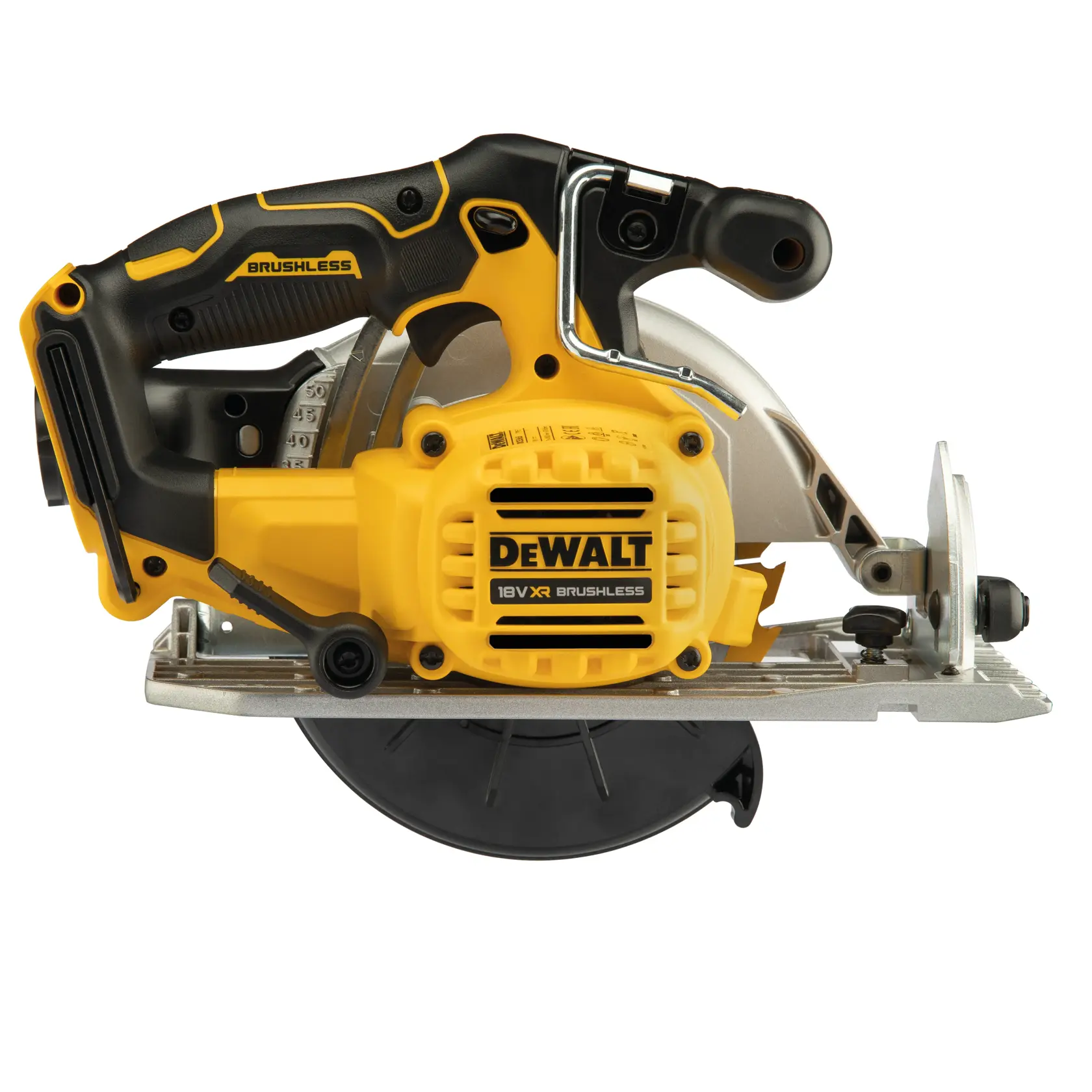DEWALT circular saw for photography, SKUs DCS565NT-XJ and DCS565NT, yellow and black handheld tool.