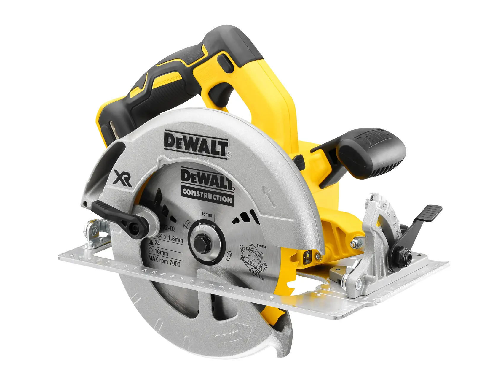 DEWALT DCS570N cordless circular saw for construction, yellow and black, blade and ergonomic handle visible.