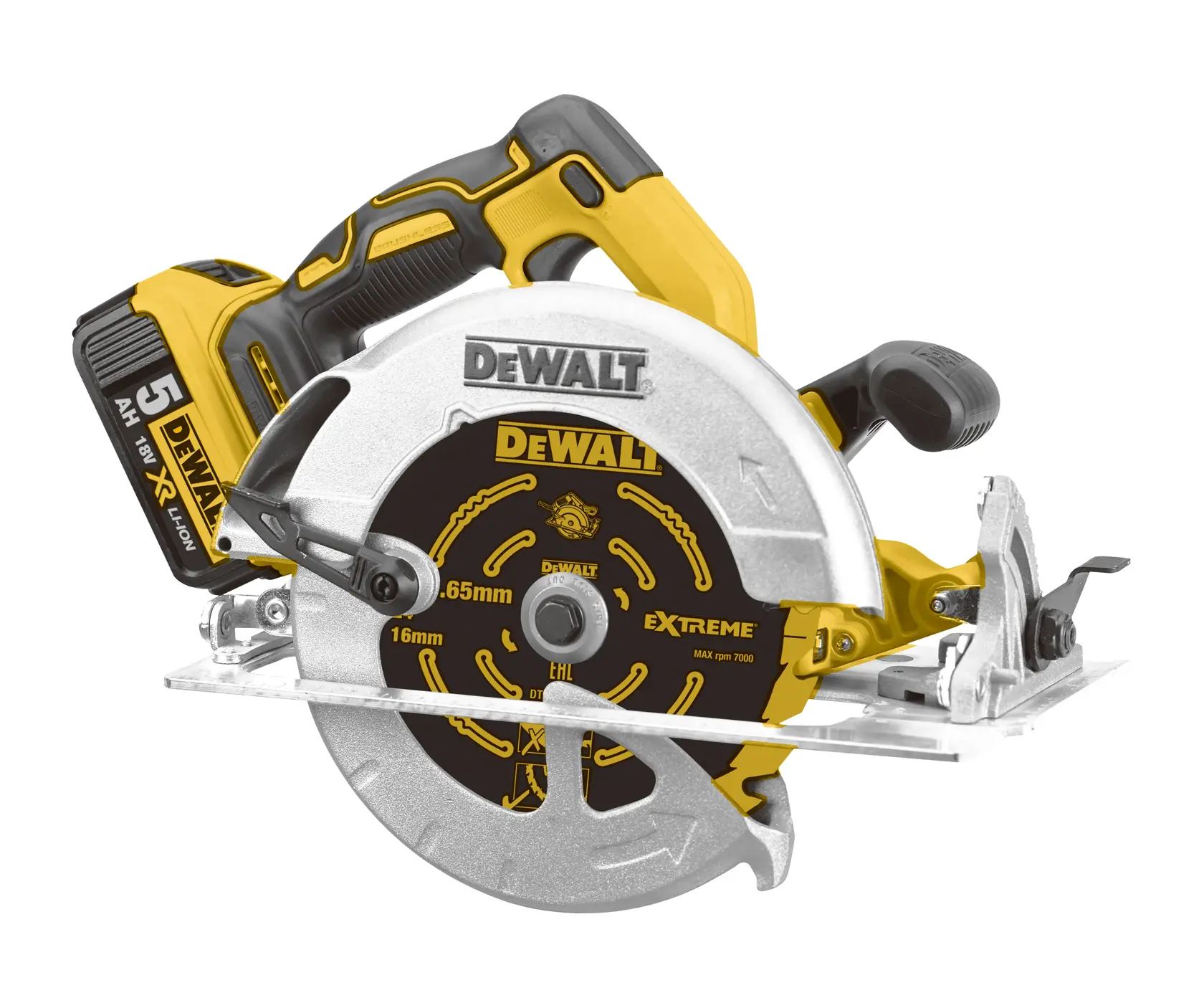 A DEWALT cordless circular saw with a visible 18V lithium-ion XR battery and a 65mm blade, designed for woodworking and construction tasks.