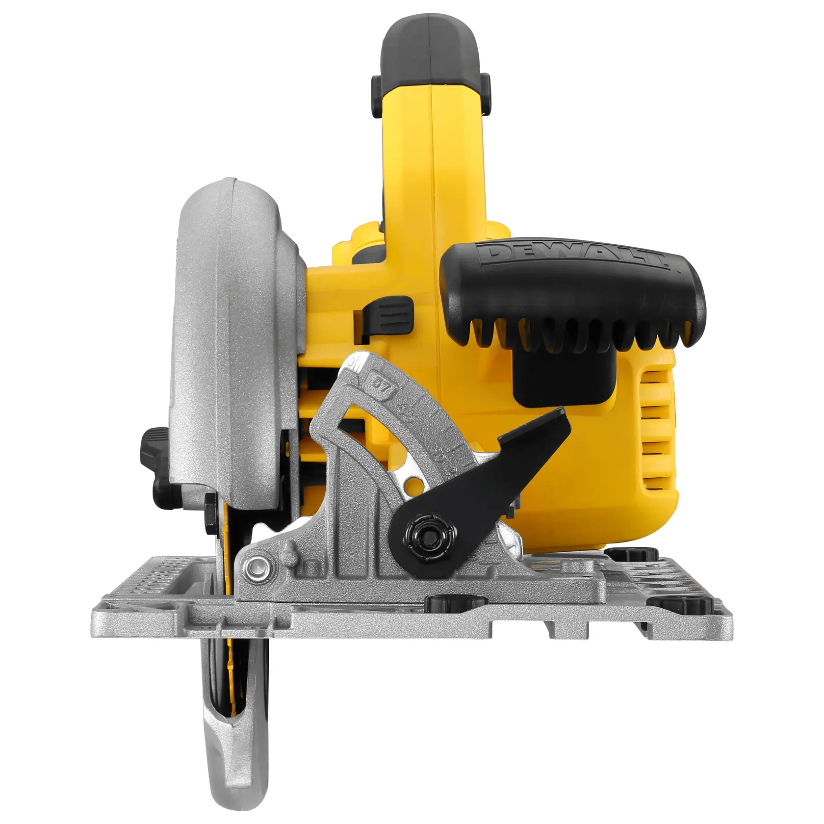 Front view of a DEWALT circular saw with yellow body and black handle on a metal base.