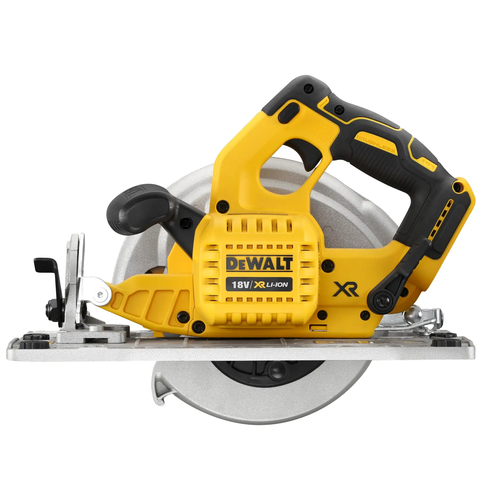 Yellow DEWALT 18V cordless circular saw with black accents, blade, and ergonomic handle.