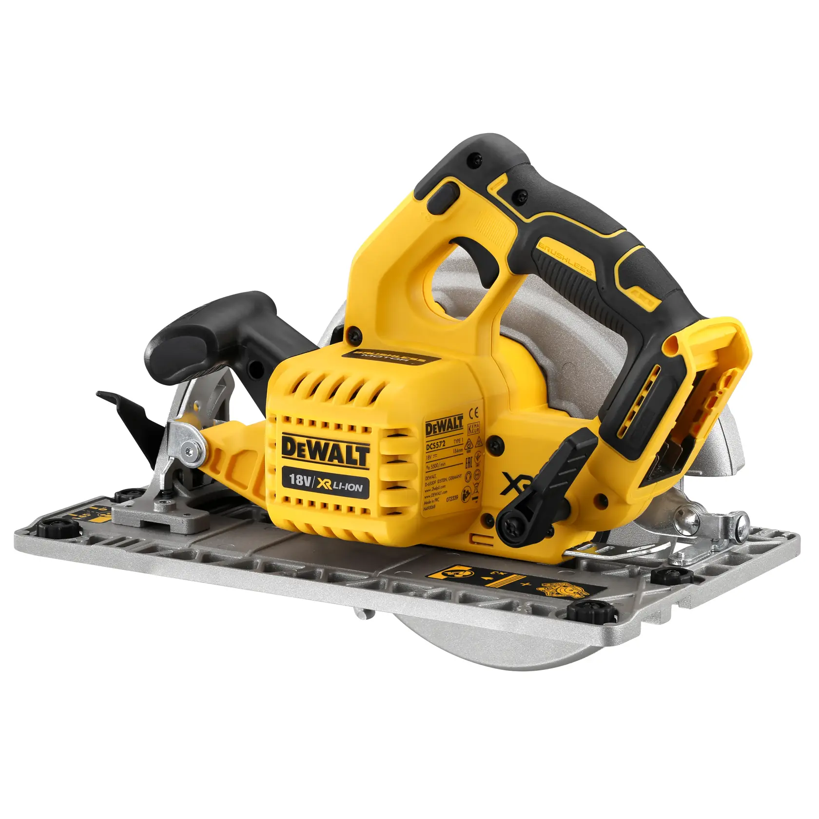 DEWALT DCS572N cordless circular saw, yellow and black, 18V, with ergonomic handle and metal base.