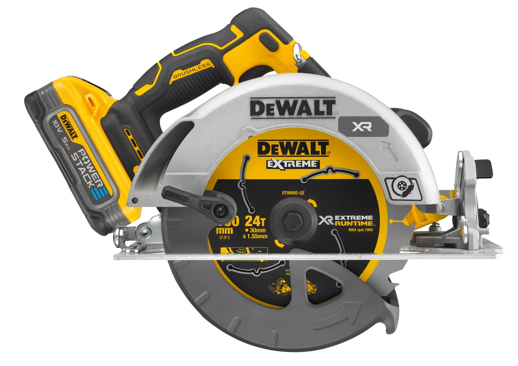 En DEWALT batteridrevet sirkelsag med POWERSTACK-batteri, gul og svart design. Bladdekselet har DEWALT Extreme-logo og tekniske detaljer. Sagen er laget for profesjonelle kutteoppgaver.