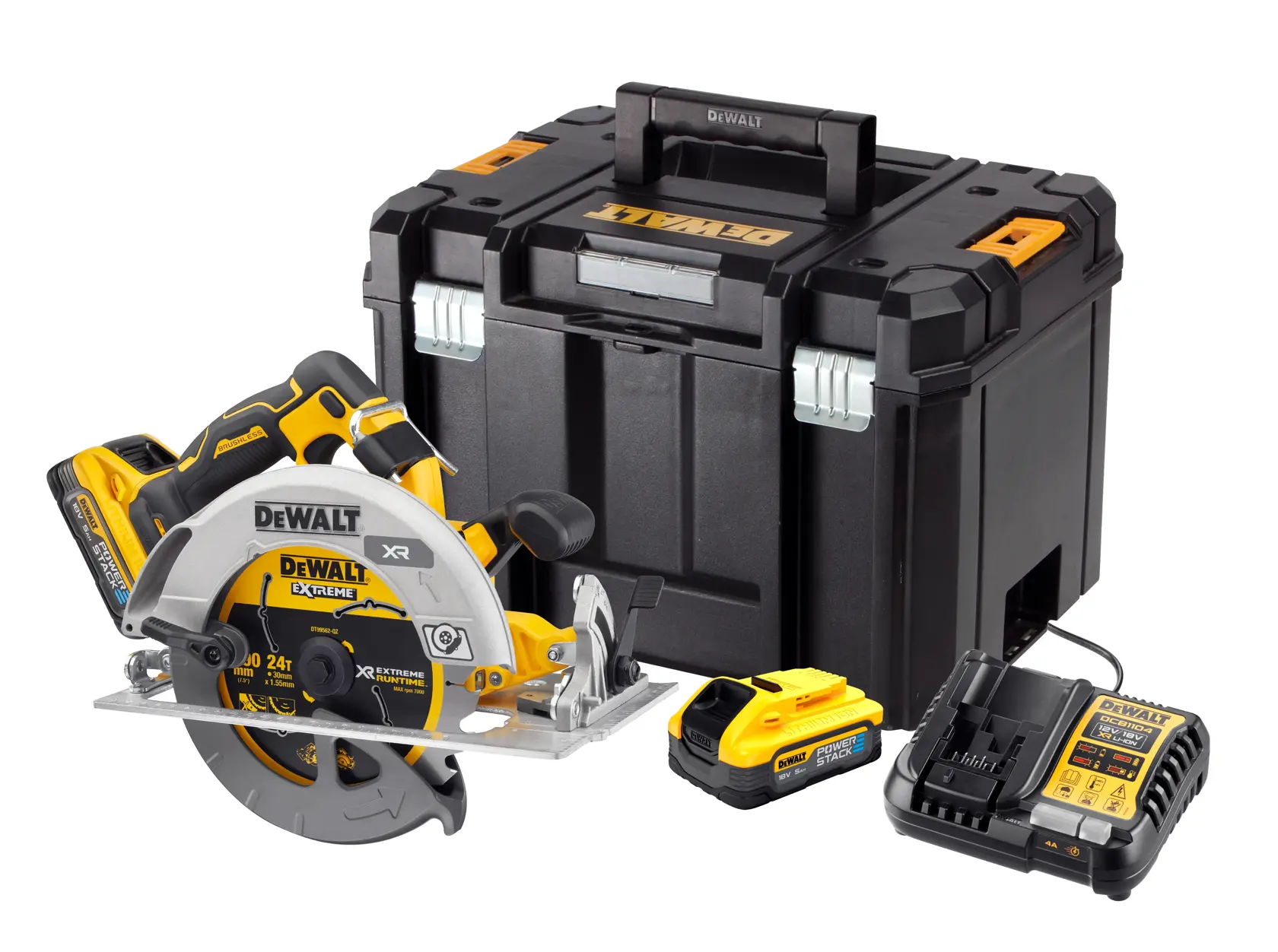 Et DEWALT trådløst sirkelsagsett som inkluderer en gul og svart sirkelsag, to batterier, en batterilader og en stor svart transportkasse.
