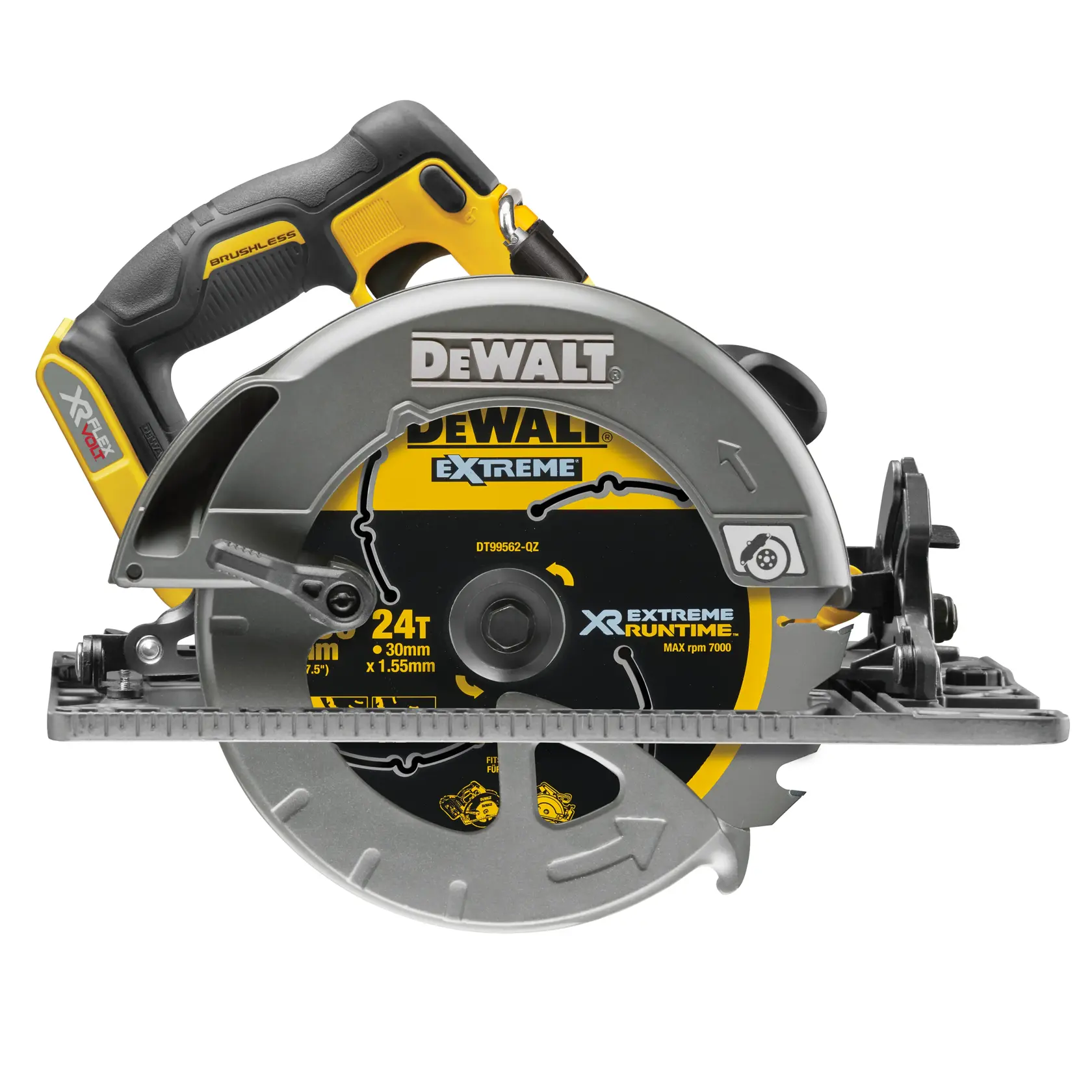 DEWALT cordless circular saw with black and yellow design and visible blade, model DCS579NT.