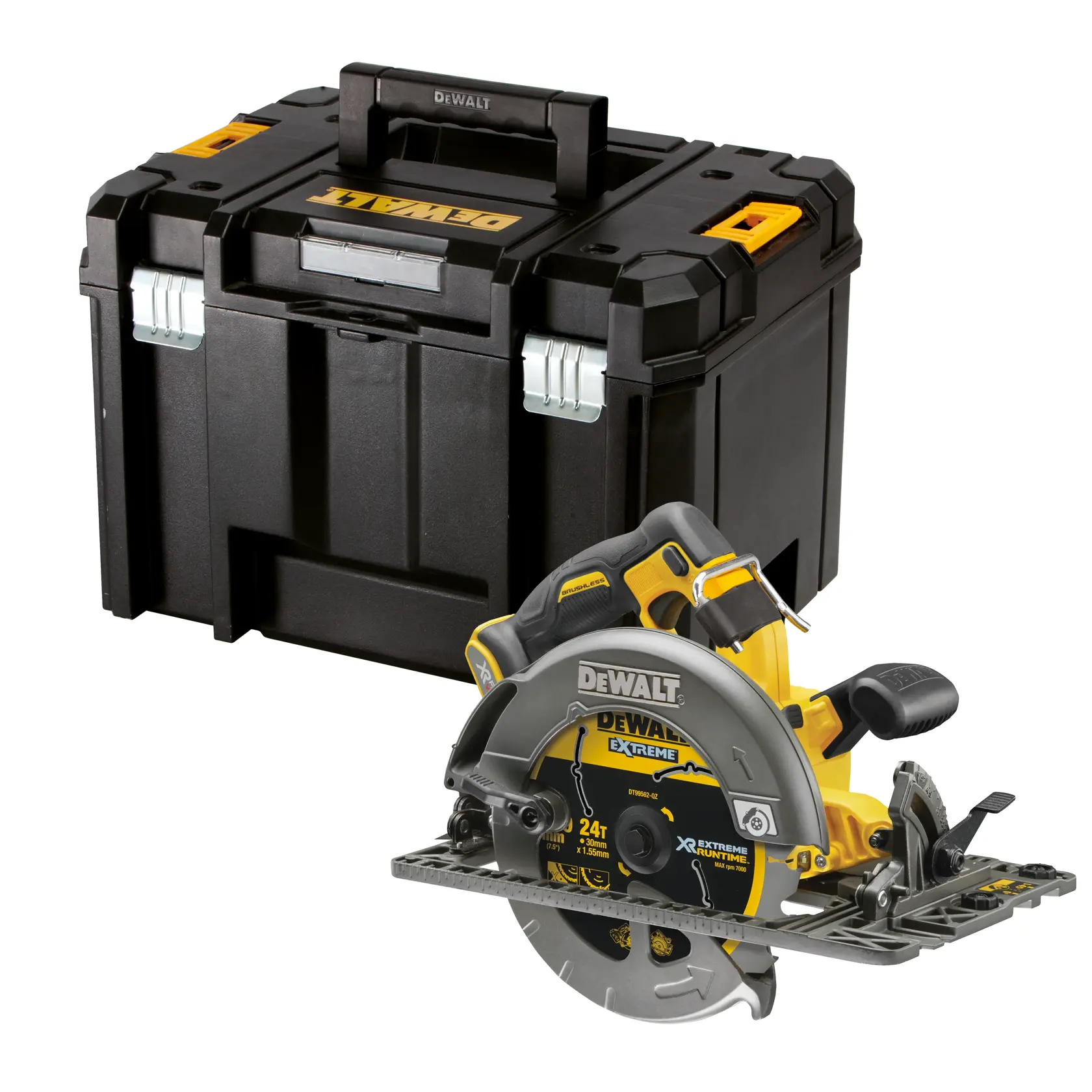 DEWALT circular saw with black storage case, both in yellow and black colors, displayed on a white background.