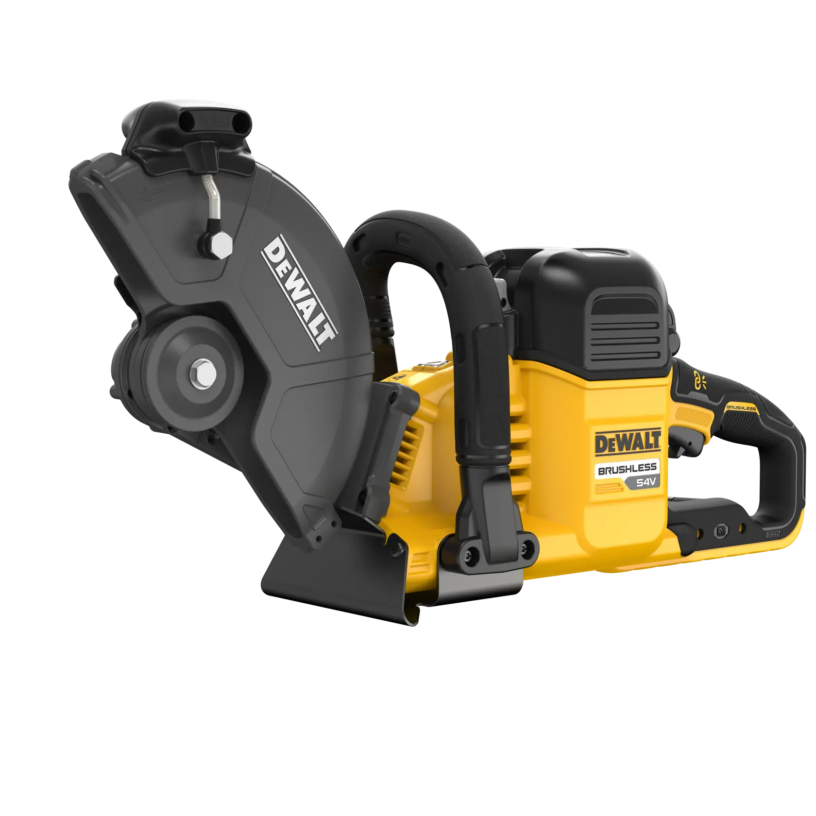 DEWALT DCS691N cordless brushless 54V cut-off saw with yellow and black casing, shown on white background.
