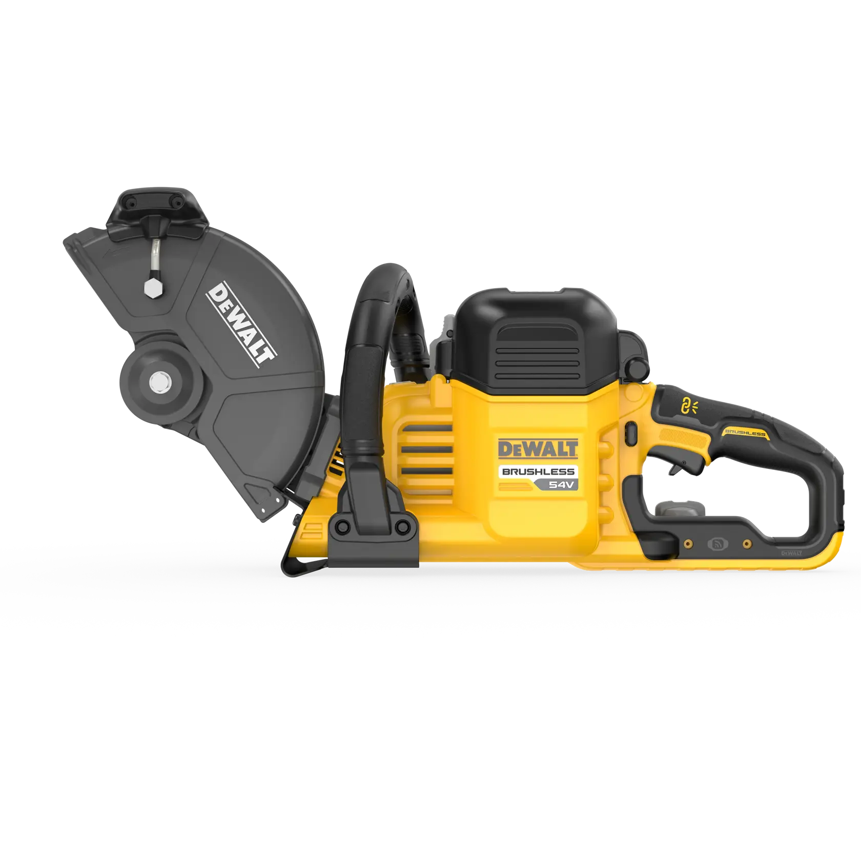 DEWALT 54V cordless brushless cut-off saw, yellow and black, with side handle and blade guard.