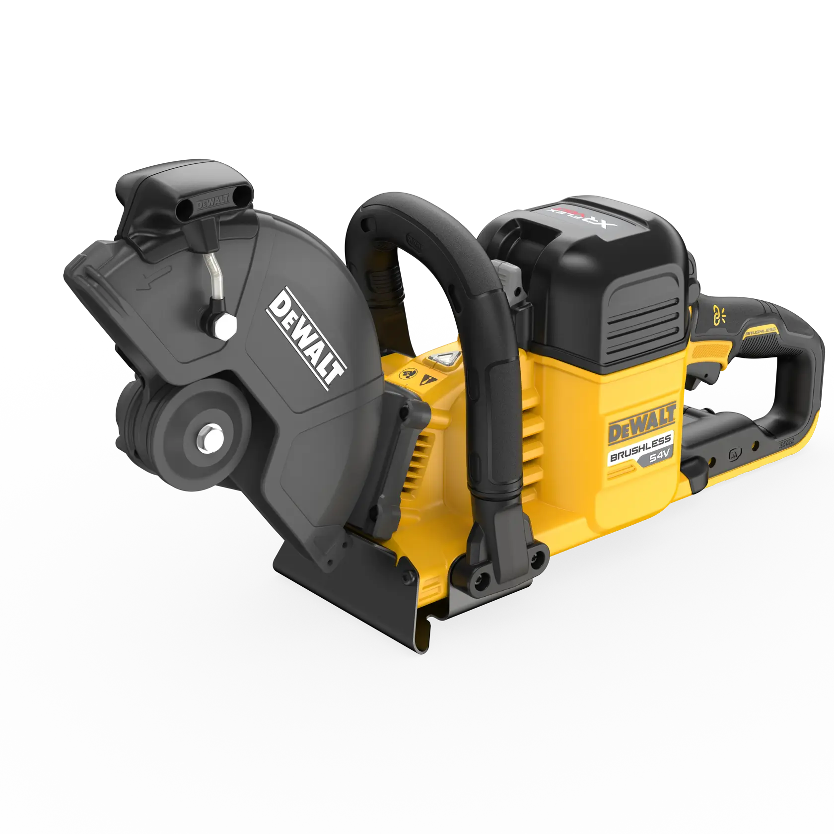 DEWALT 54V brushless cutoff saw, yellow and black, with handle and blade guard.