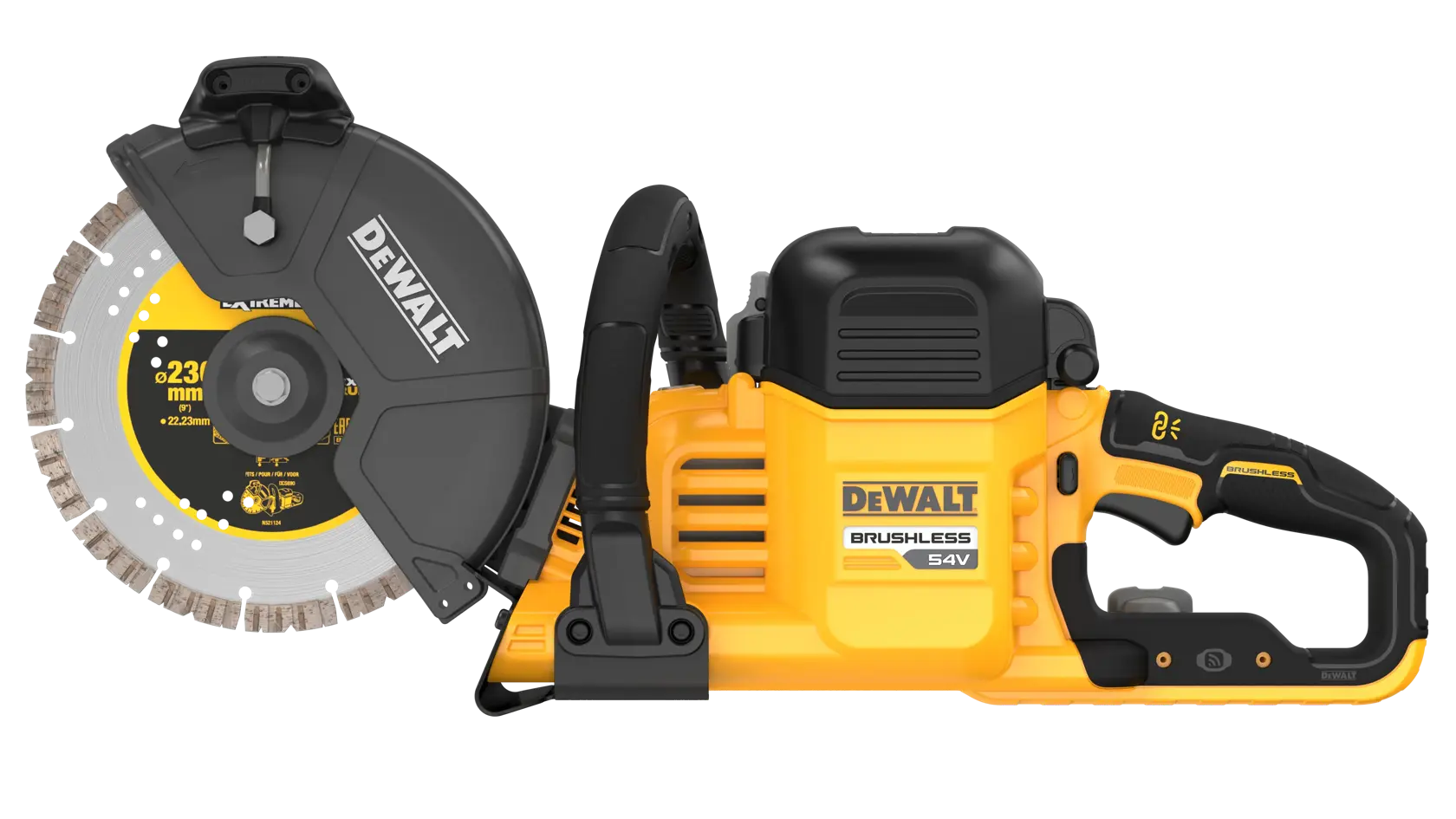 Sega a batteria DEWALT 54V con lama da 230mm in giallo e nero.