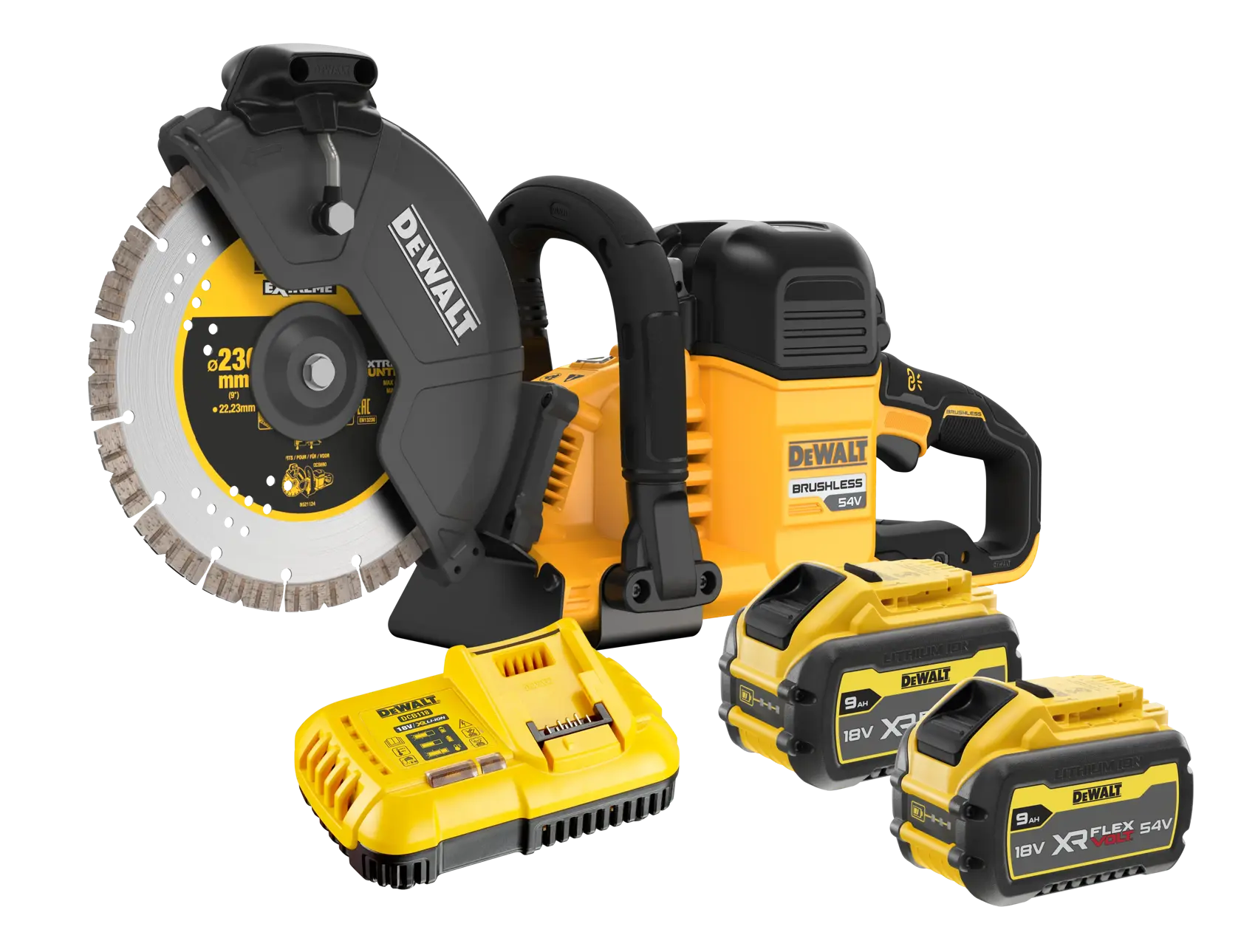 Sega a batteria DEWALT 54V brushless con copertura protettiva, manico laterale e lama.