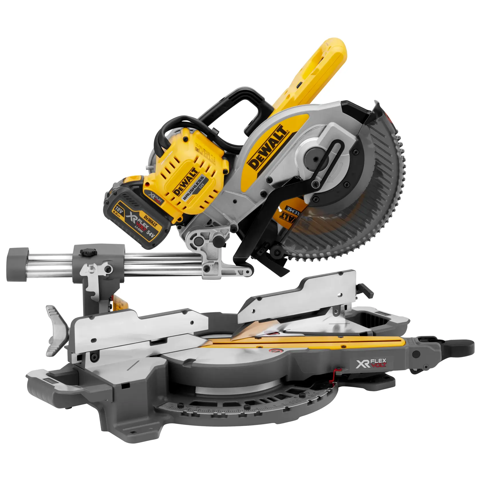 DEWALT DCS727T2 XR FlexVolt cordless sliding compound miter saw with yellow and black accents, showing dual battery pack and adjustable cutting arm.