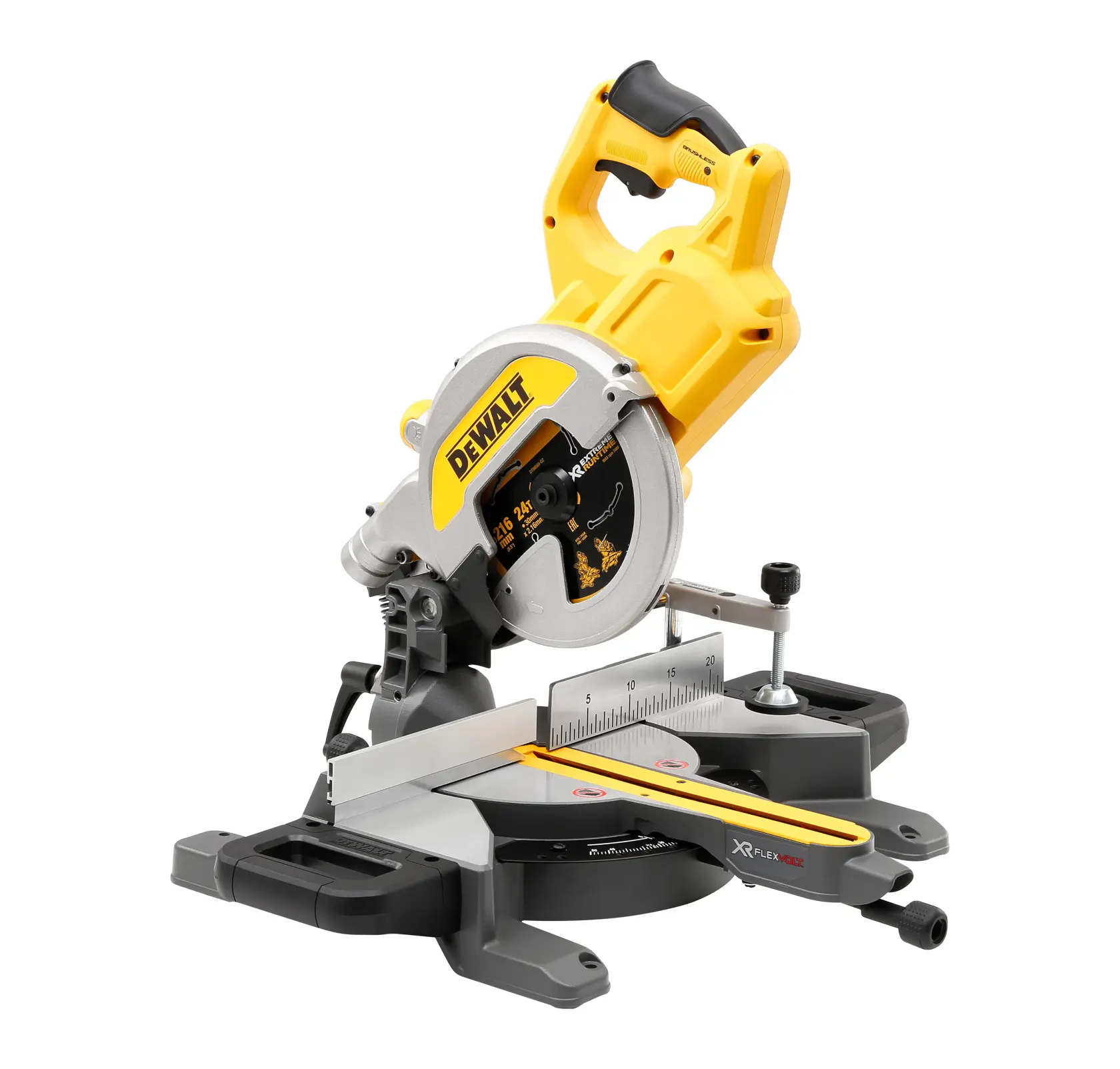Cordless DEWALT miter saw with a yellow and black design, featuring a large circular blade, a handle, and a measurement guide for precise cutting.