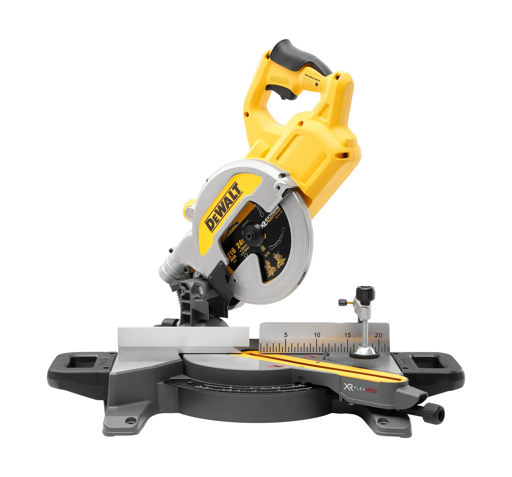 A DEWALT cordless miter saw with a yellow and black design, featuring a circular blade and adjustable base for precision cutting.