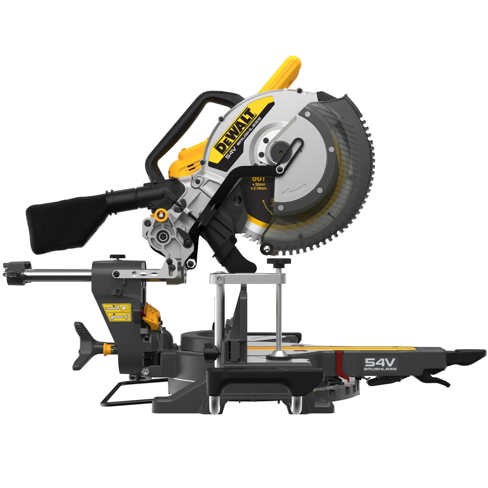 DEWALT 54V cordless mitre saw with sliding arm and dust bag, shown on a white background.