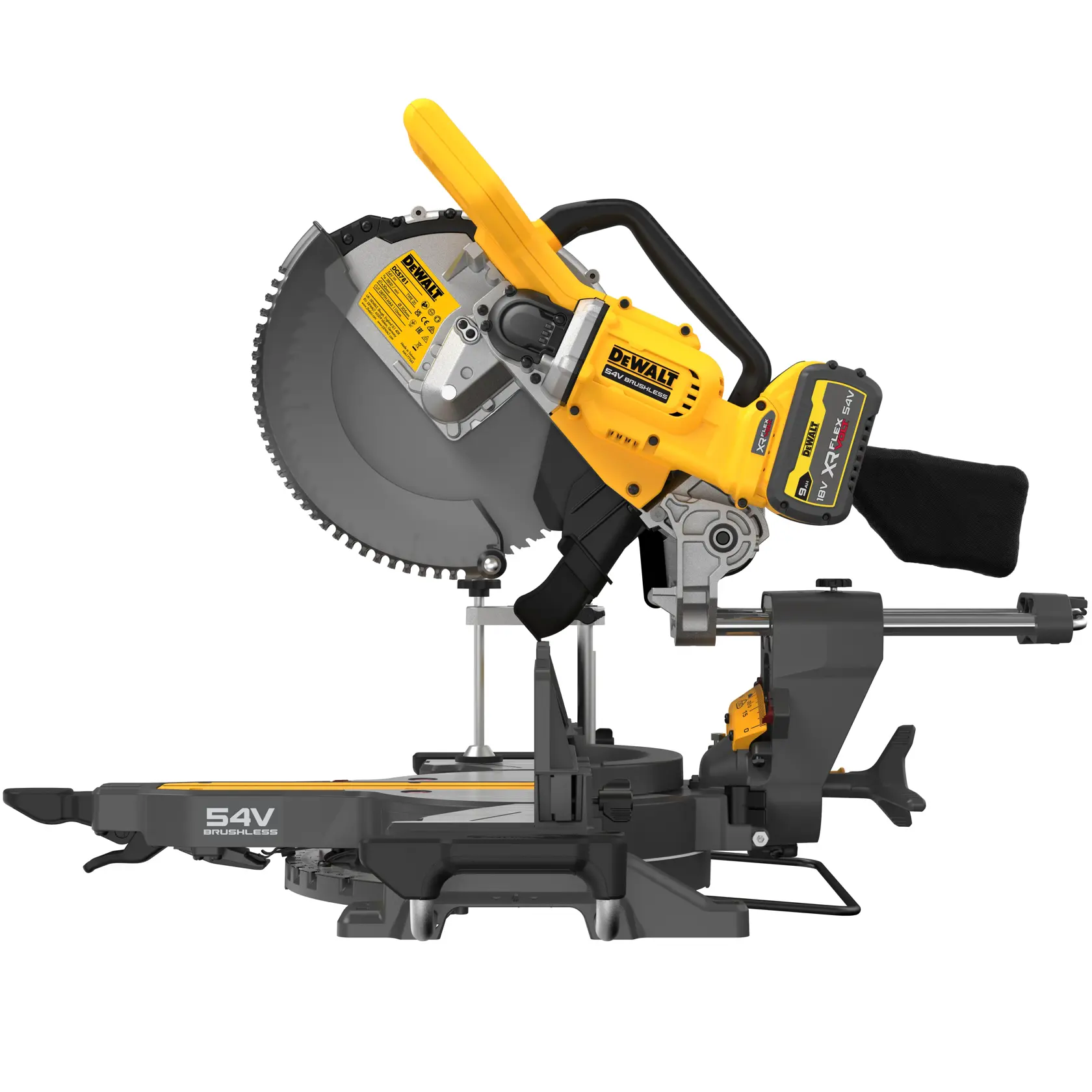 DEWALT saw, Photography category, SKUs DCS781X2-QW and DCS781X2, yellow and black design, side view.