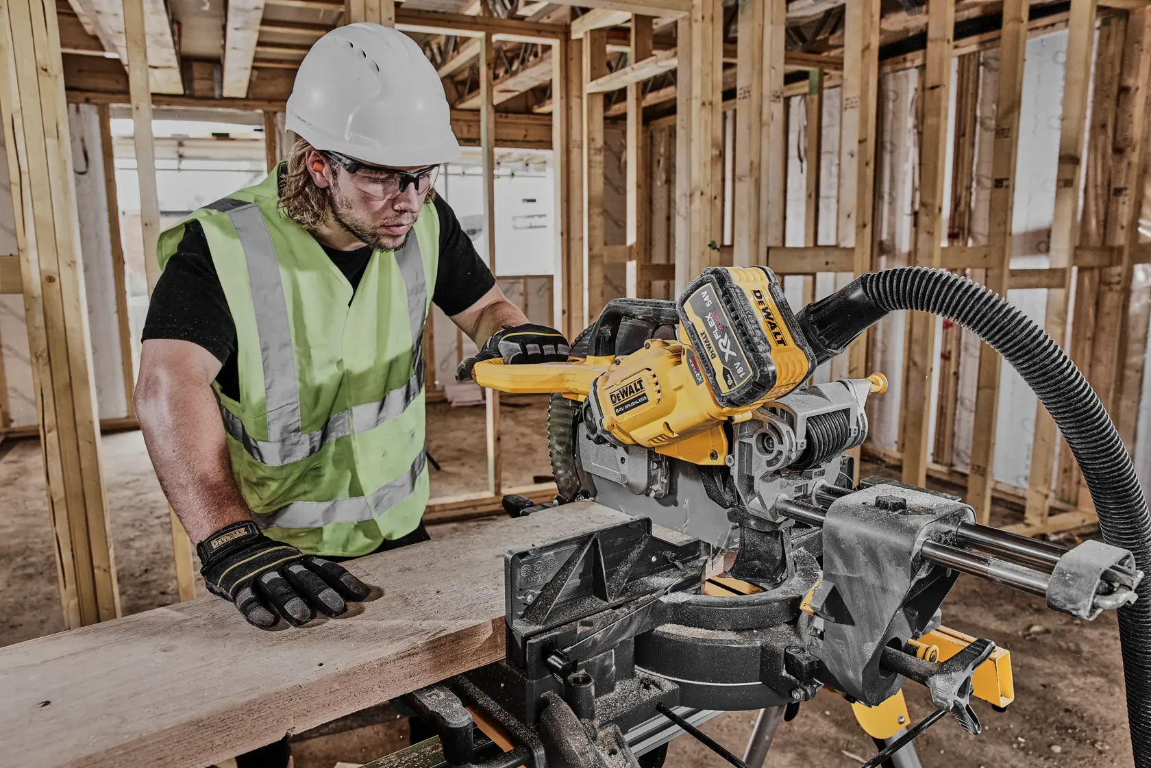 DEWALT DCS781X2-QW, DCS781X2 saw used by worker in construction site. Product in Photography category.