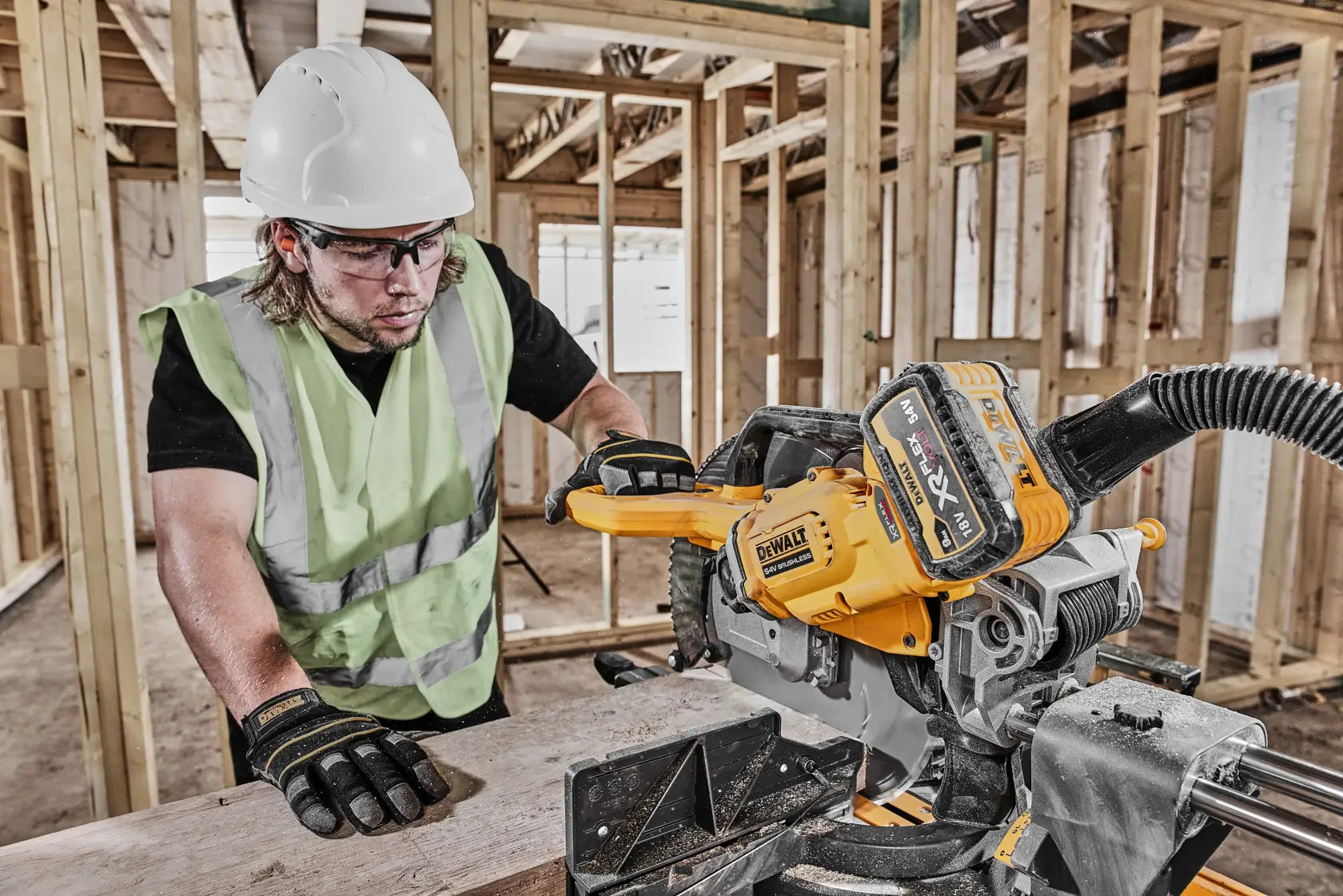 DEWALT DCS781X2-QW, DCS781X2 saw used on site by worker in safety gear. Product from Photography category.
