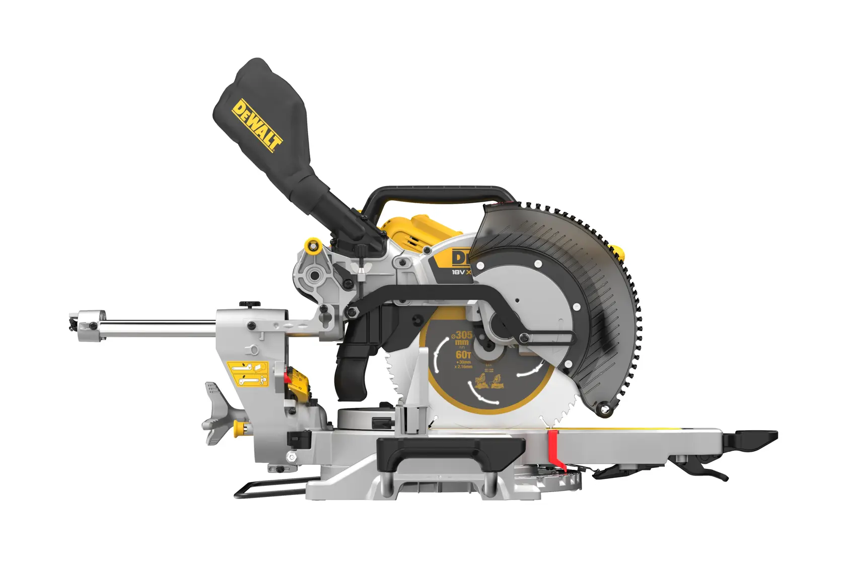DEWALT cordless miter saw with yellow and black design, blade guard, and dust bag shown on a white background.