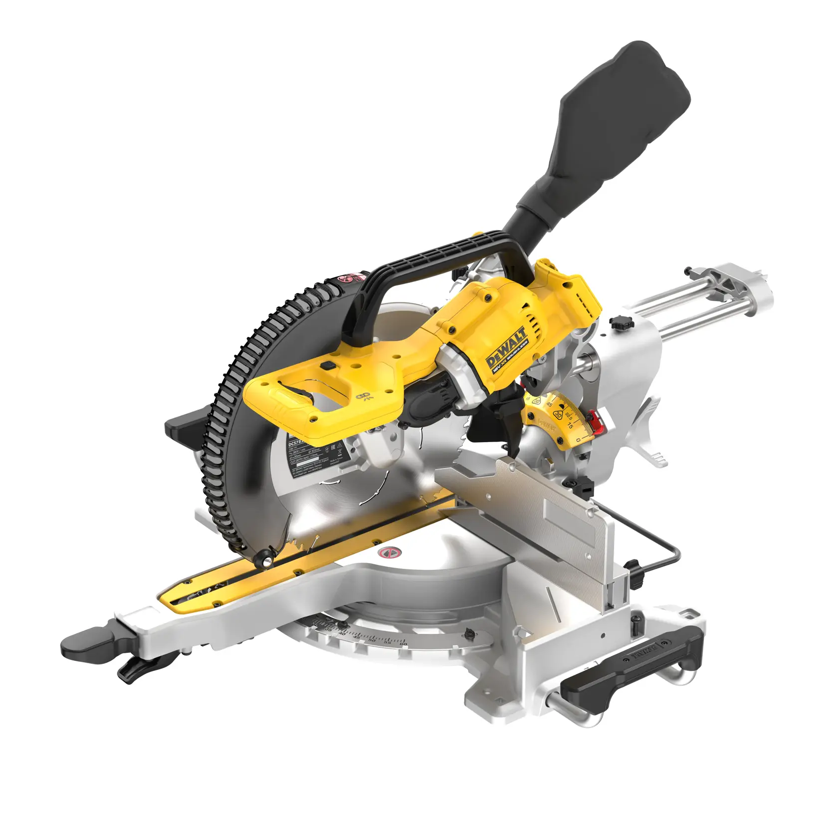 DEWALT DCS782N sliding compound miter saw with yellow body, blade guard and silver base, angled for display.