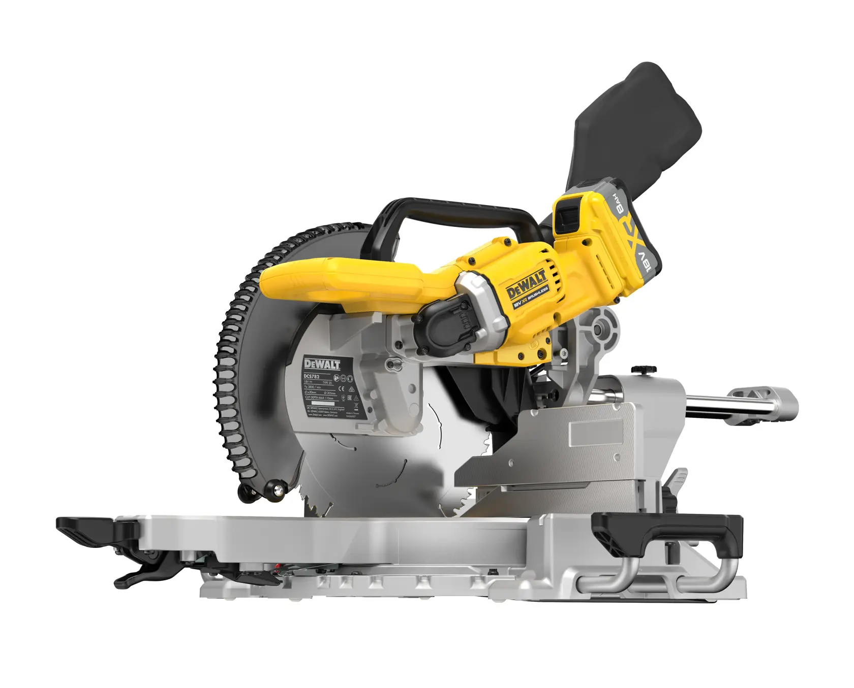 DEWALT cordless mitre saw with yellow and black design, rechargeable battery and sturdy metal base.