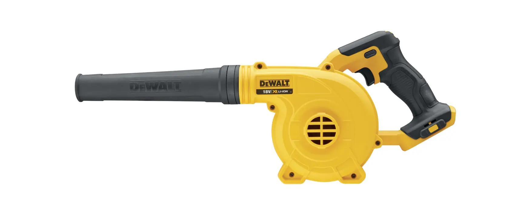 DEWALT photography products DCV100 and DCZ1201P3-XE, yellow portable blower shown.